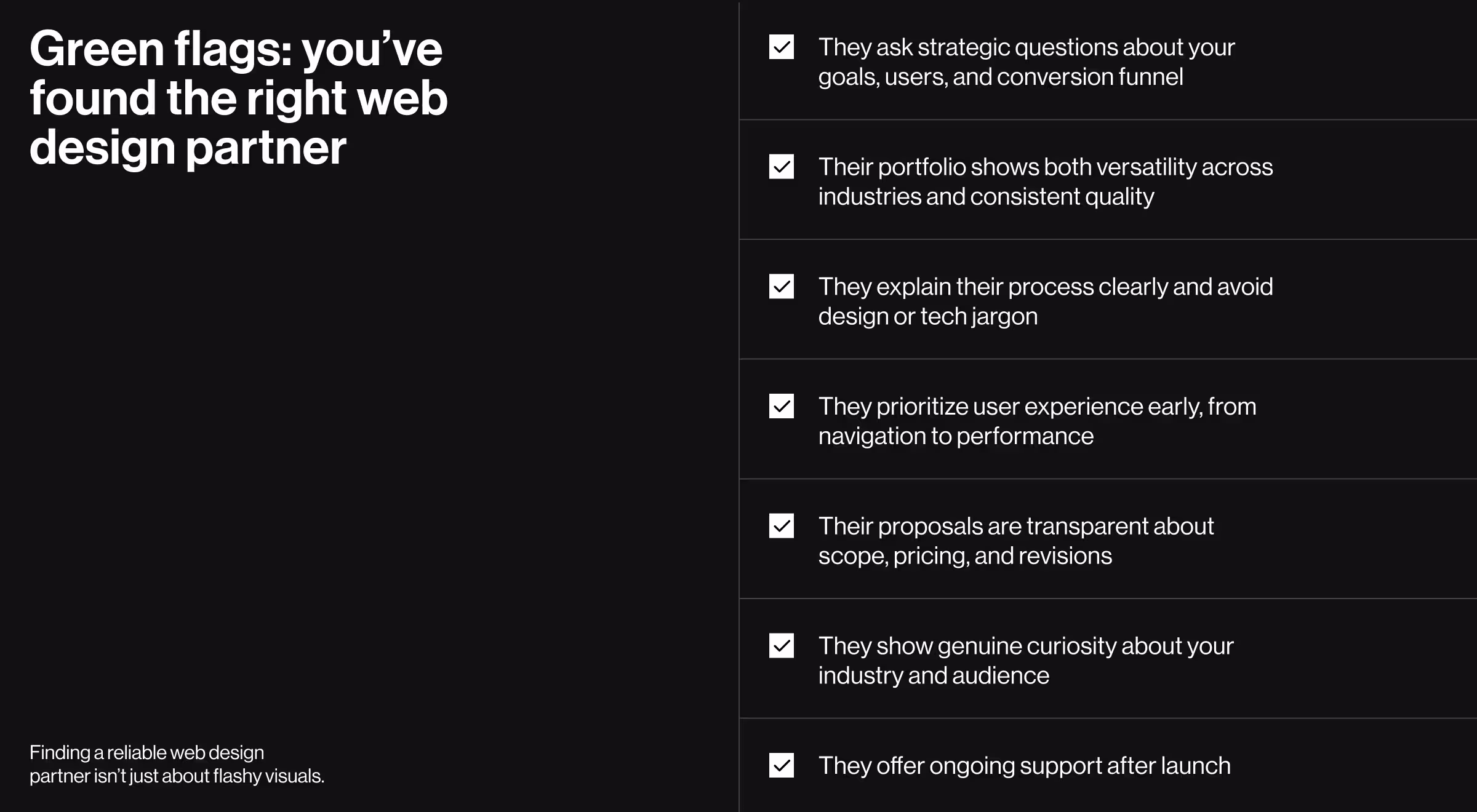 Checklist of green flags for choosing the right web design partner, highlighting strategy, UX, transparency, and support.