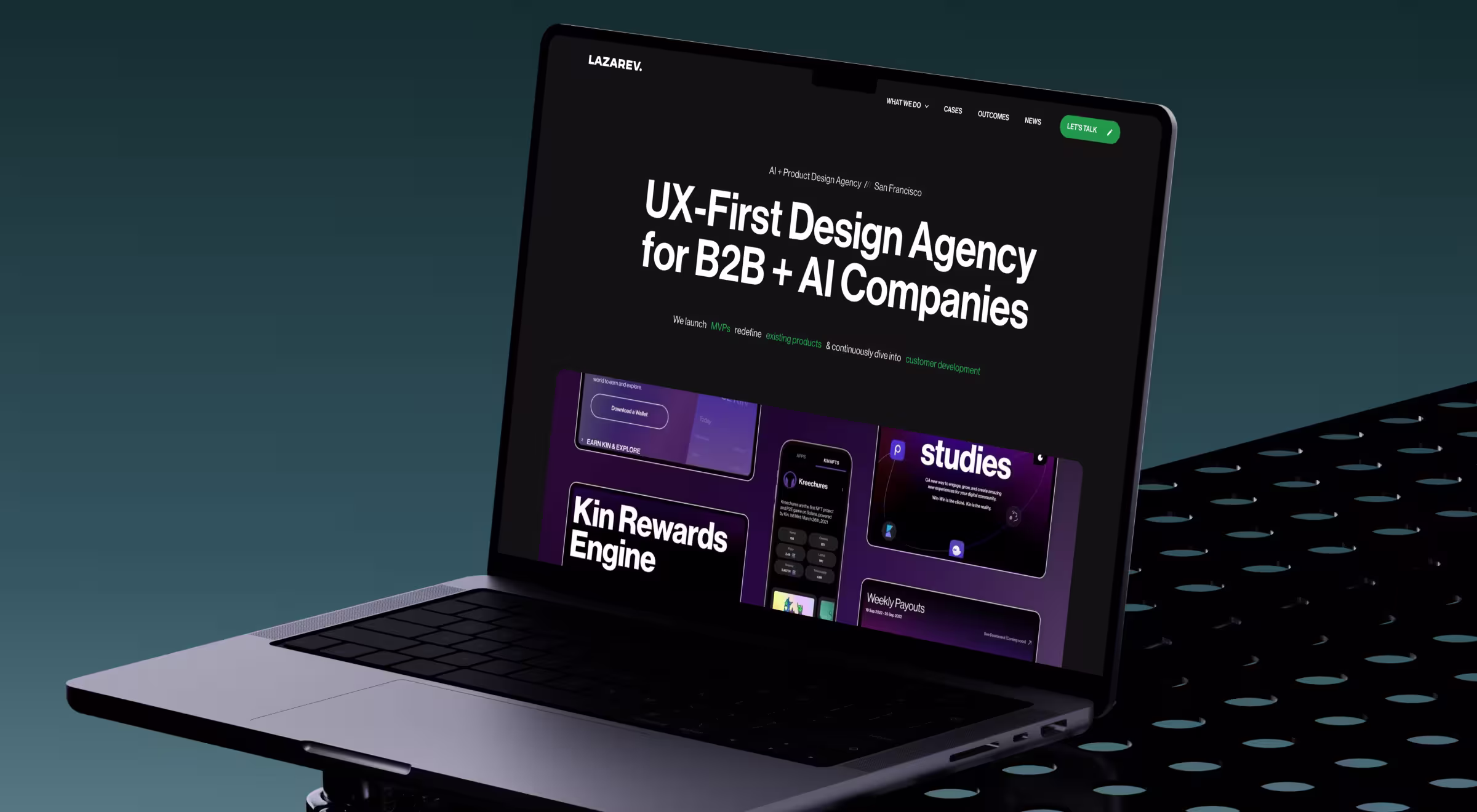 Laptop mockup displaying Lazarev.agency homepage — UX-first digital product design agency for B2B and AI companies, specializing in MVP design and customer development