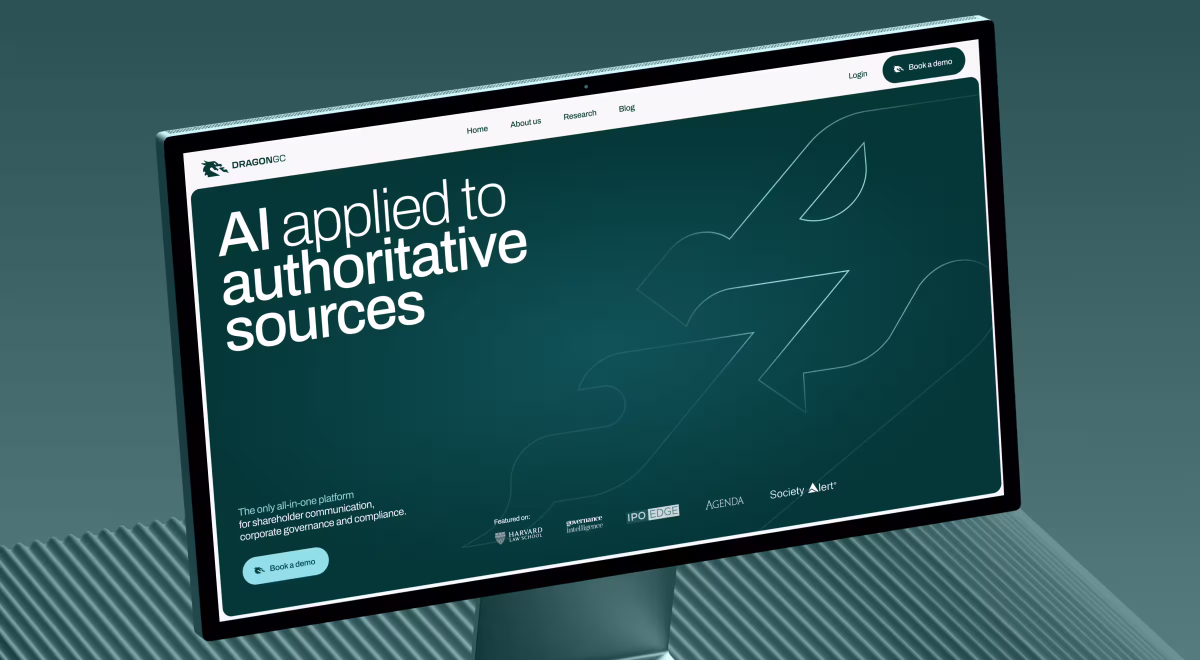 Desktop monitor displaying an AI-powered news and information platform interface focused on authoritative sources, trust, and intelligent content discovery.