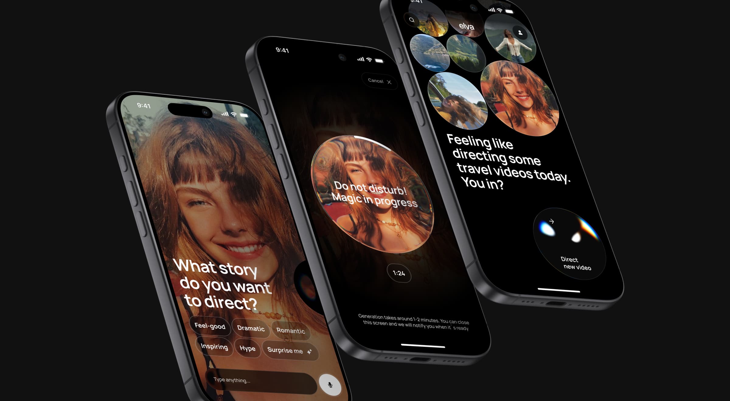 Three smartphones displaying an AI-powered video creation app interface with personalized prompts, creative mood selection, and social video directing features in a dark UI.