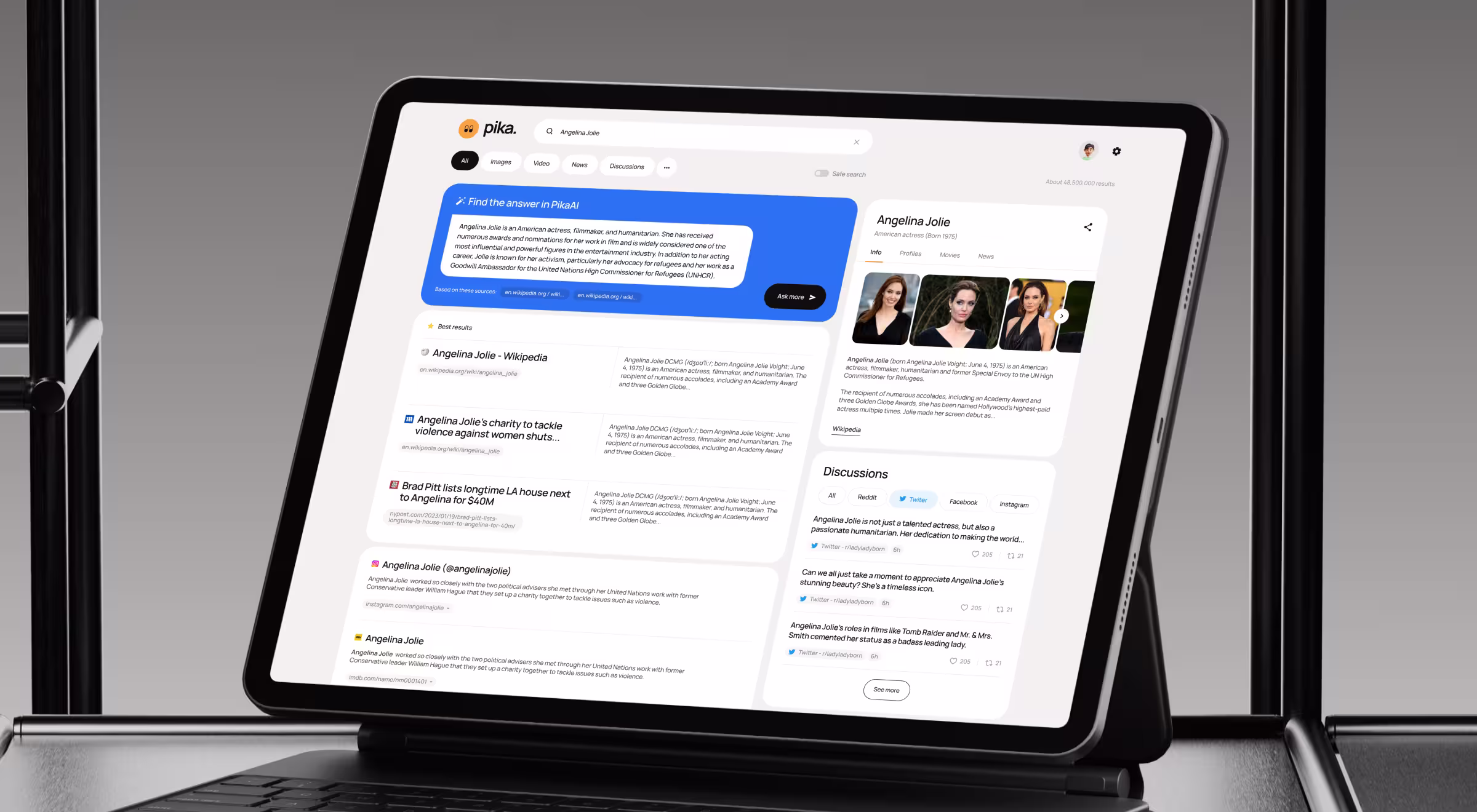 Tablet displaying an AI-powered search interface with an instant answer panel and aggregated results for a public figure, alongside profile cards, discussion threads, and source links in a modern light UI