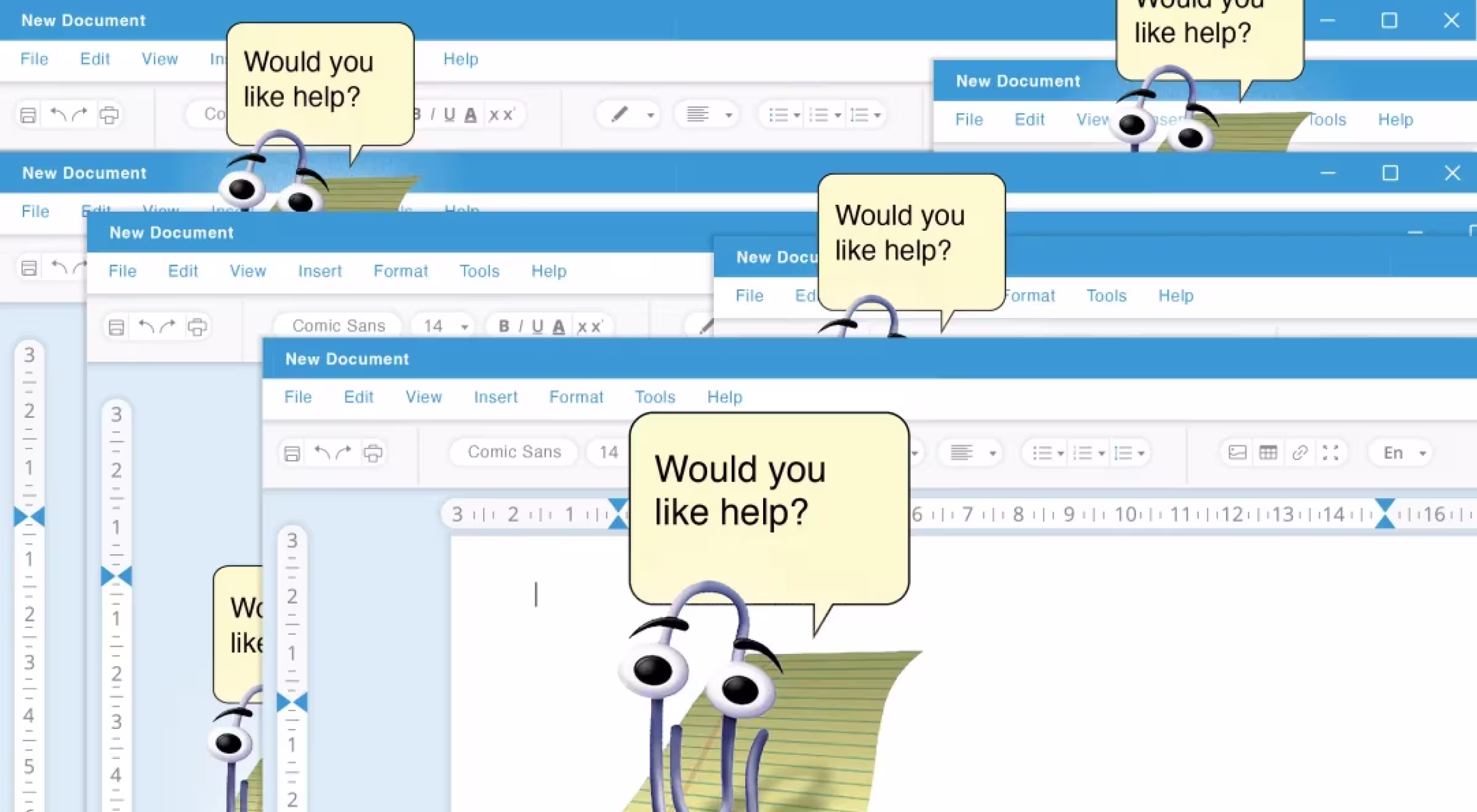 Clippy virtual assistant appearing multiple times in a retro document editor interface with pop-up text saying ‘Would you like help?’