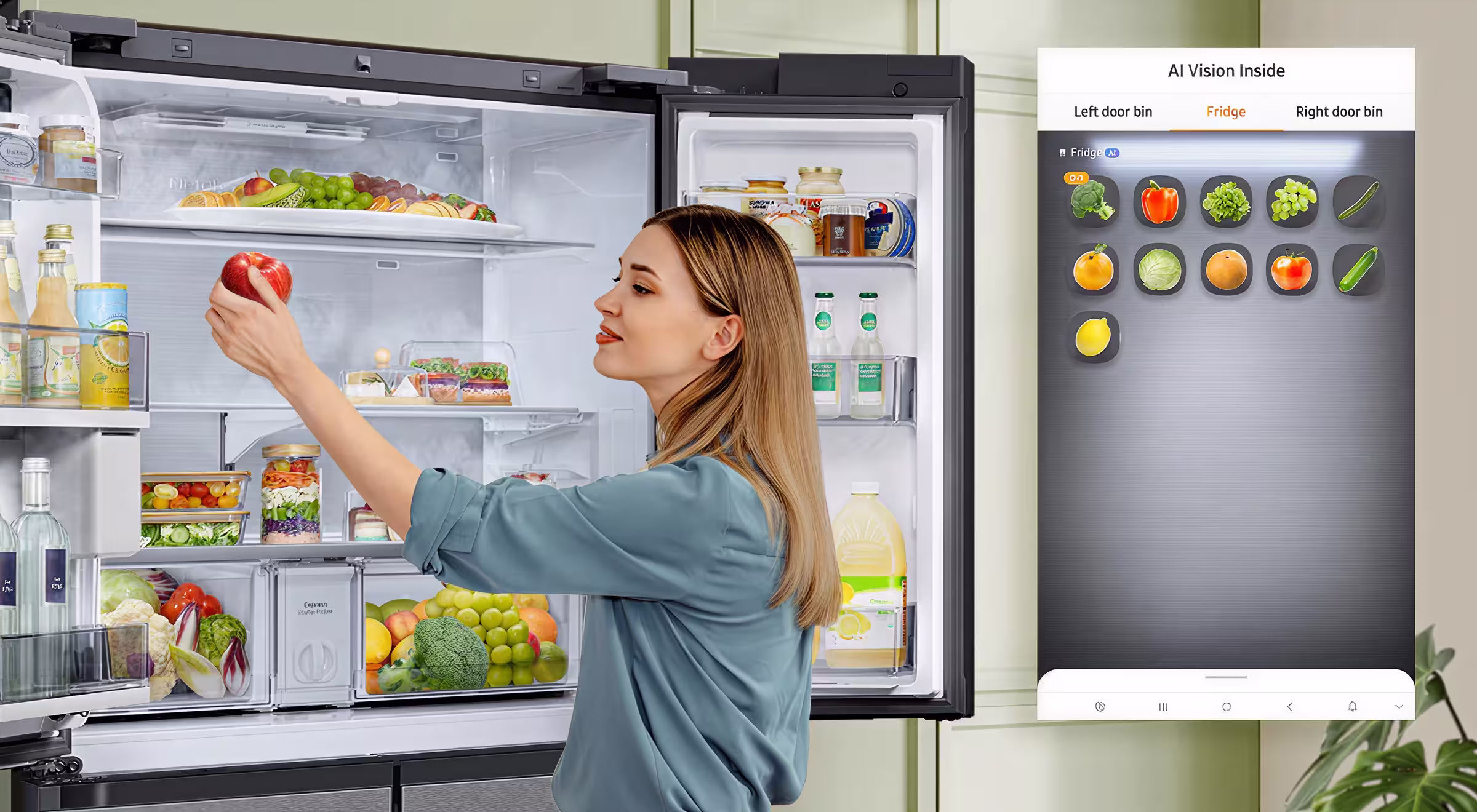 Woman using smart AI-powered refrigerator that tracks food inventory with vision technology, holding an apple while app displays scanned groceries