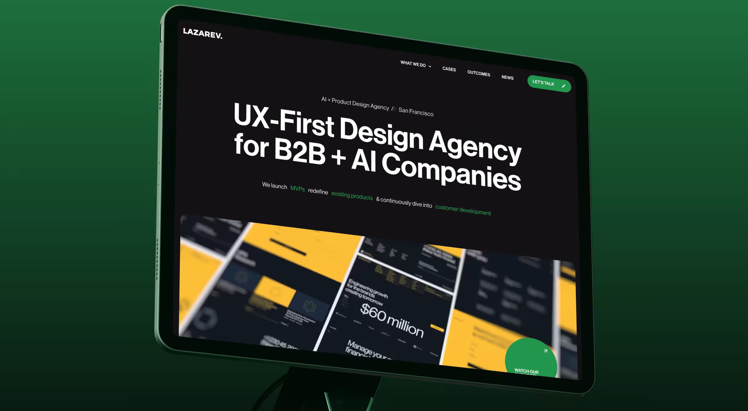 Lazarev.agency website homepage displayed on a screen, featuring the headline ‘UX-First Design Agency for B2B + AI Companies’ with a dark interface and green background