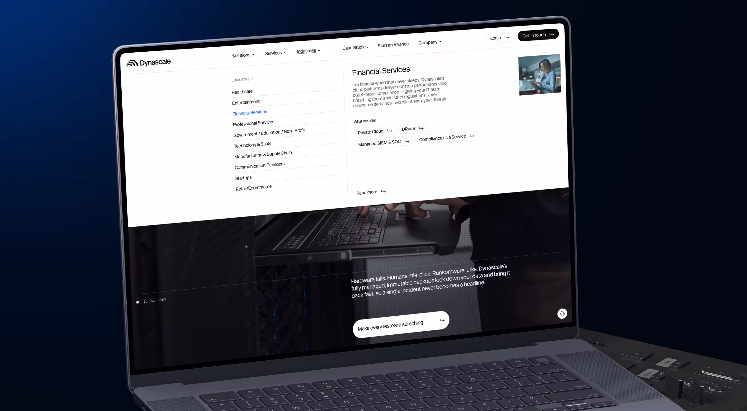 Laptop screen showing Dynascale’s Financial Services industry page with cloud security offerings, backup solutions, and compliance service details