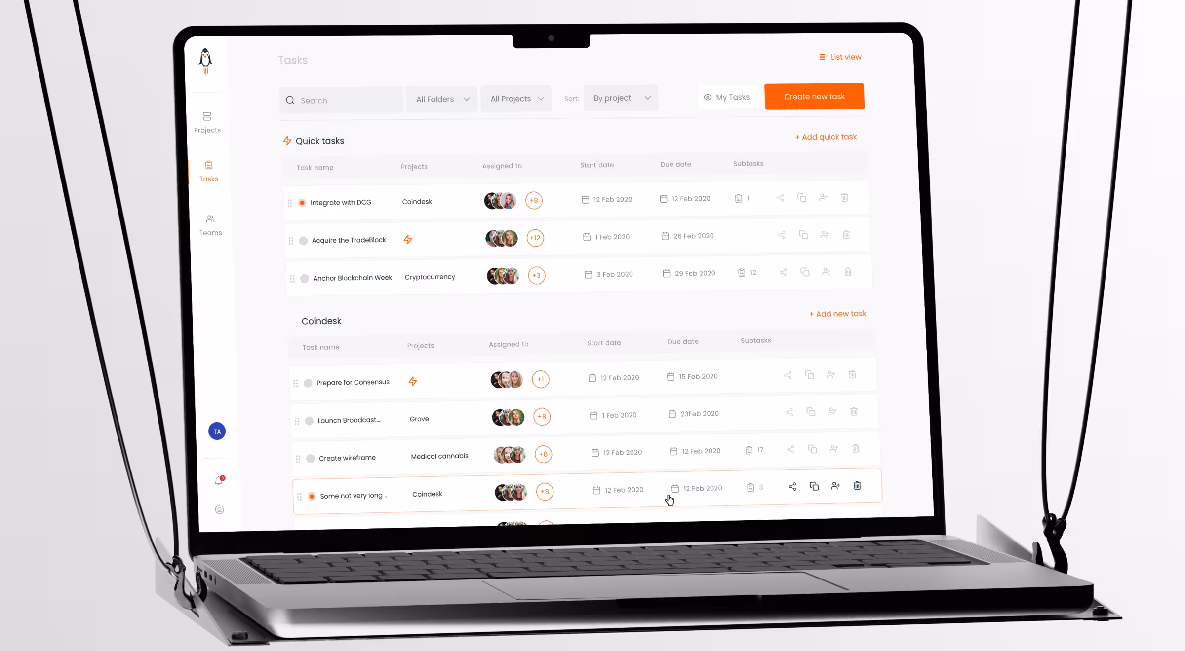 Laptop displaying a team task management dashboard with project lists, assignees, deadlines, and quick task creation features