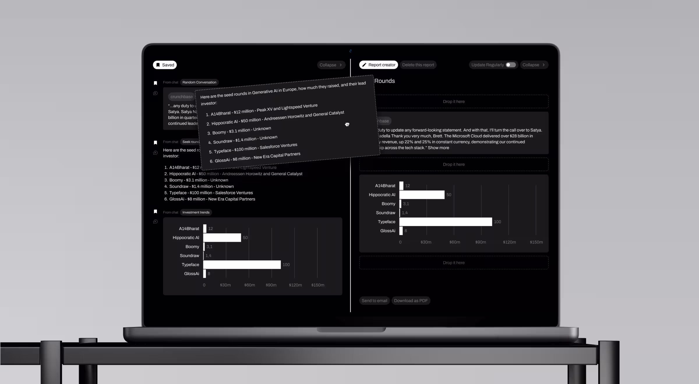 AI-powered data analysis dashboard with reports, charts, and investment insights, demonstrating product design for analytics and decision-making tools