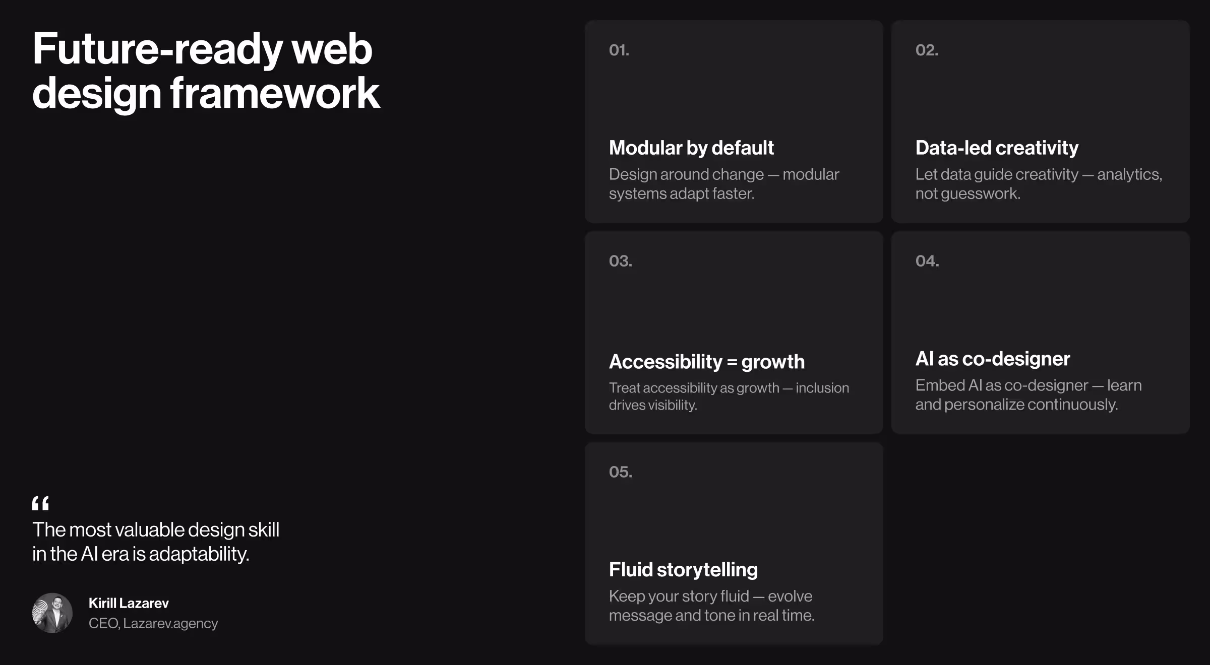 Infographic outlining a future-ready web design framework with five principles — modular design, data-led creativity, accessibility, AI as co-designer, and fluid storytelling — displayed on a black background with a quote from Kirill Lazarev