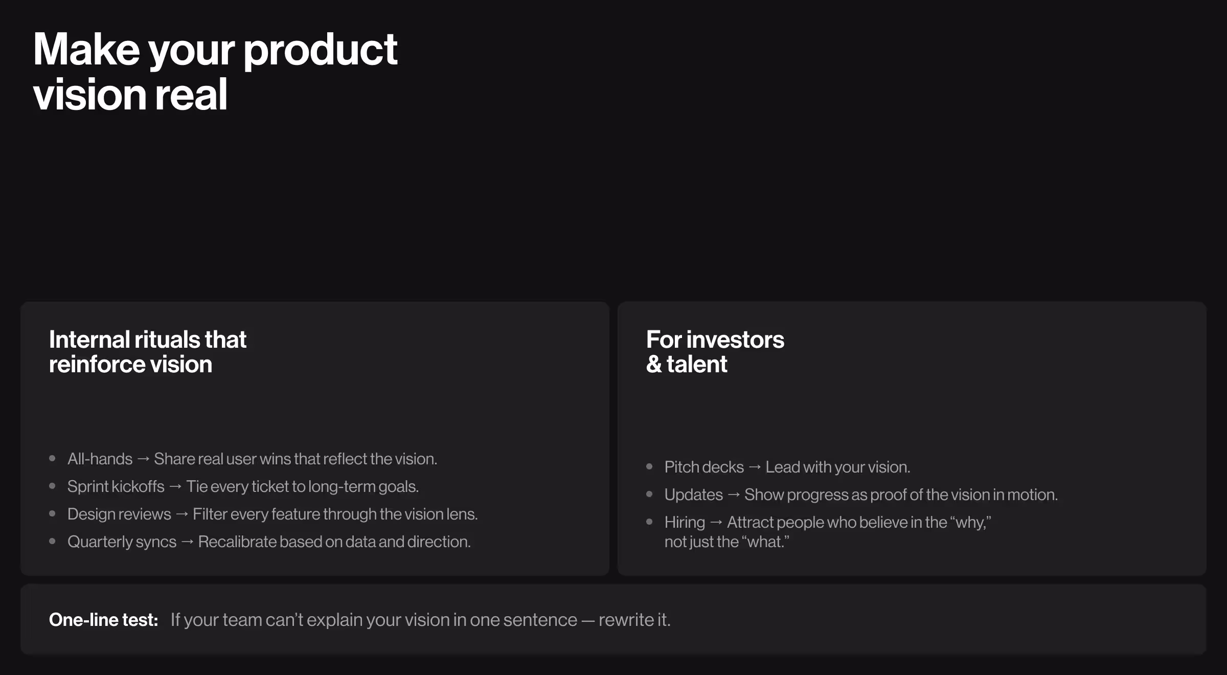 Dark-themed product vision guide by Lazarev.agency showing internal rituals and investor communication tips for aligning teams around product goals