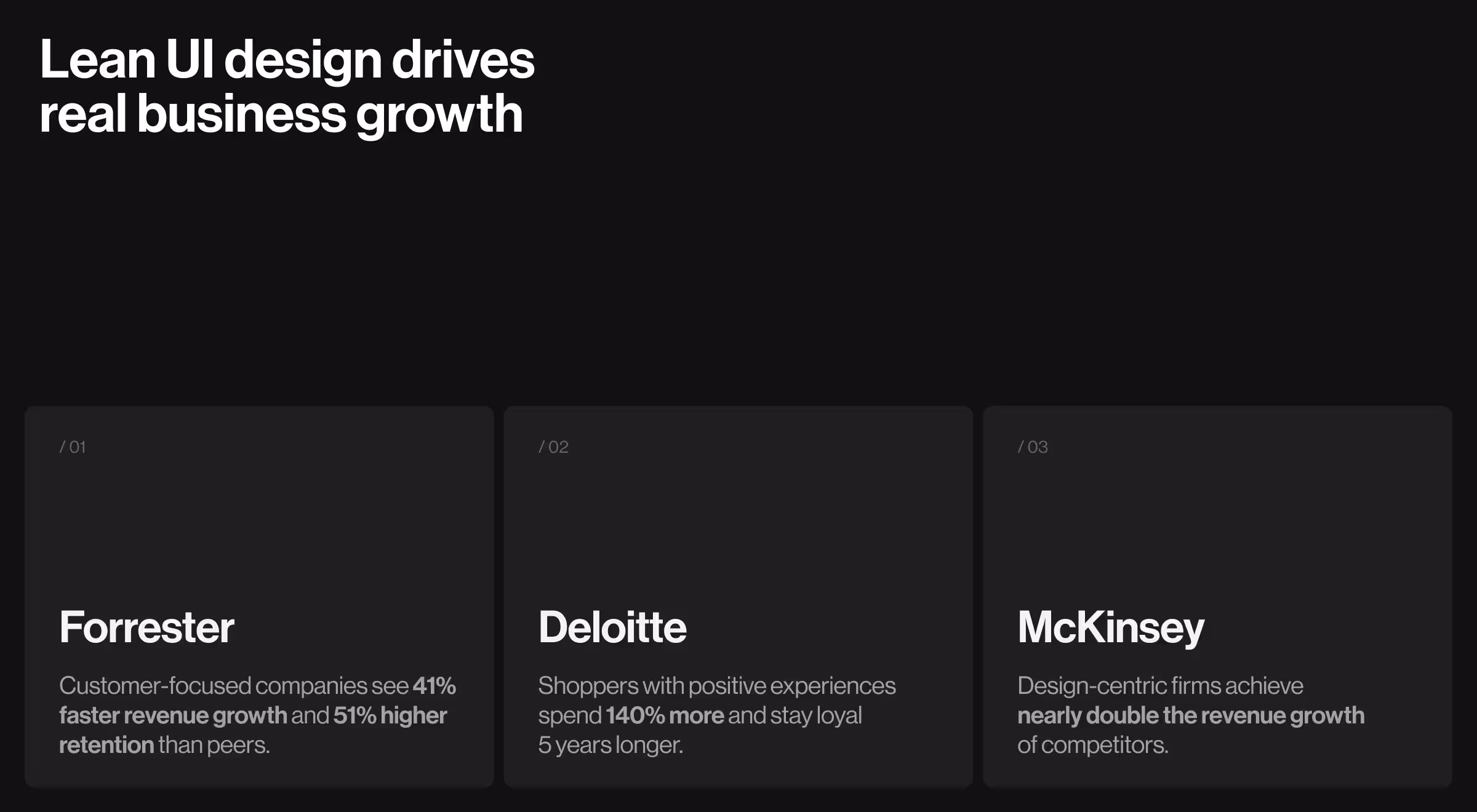 Three research insights from Forrester, Deloitte, and McKinsey highlighting how UI design drives faster revenue growth, higher retention, and customer loyalty