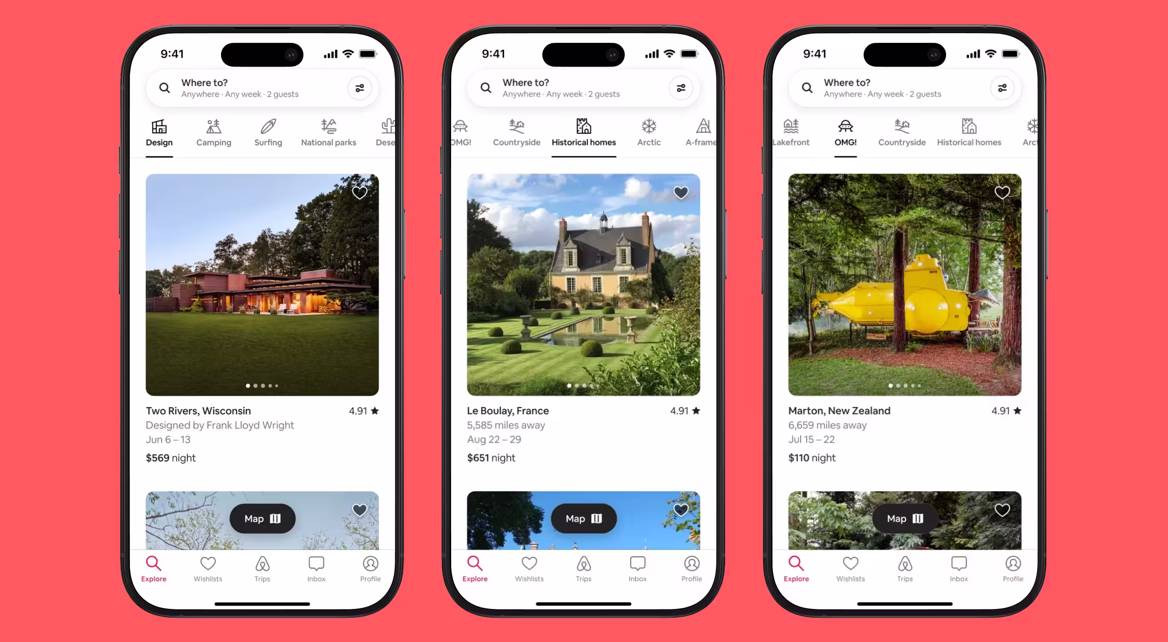 Three iPhones displaying images of various locations, showcasing different landscapes and cityscapes on their screens