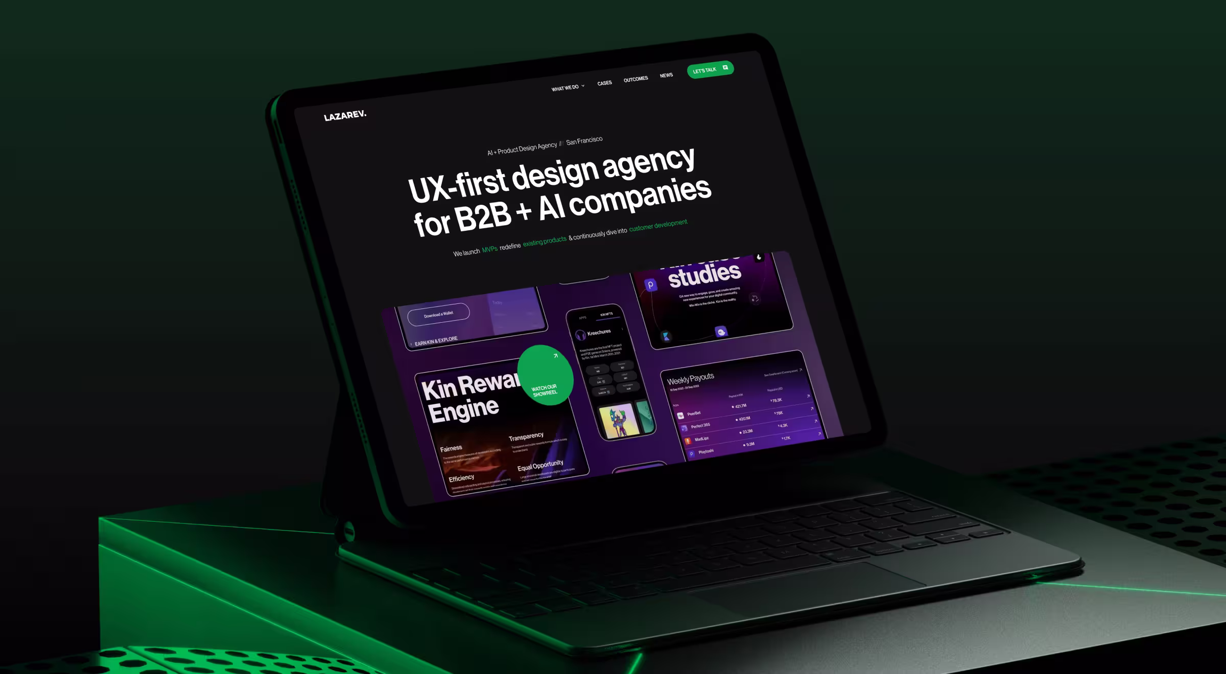 Laptop displaying Lazarev.agency homepage with UX-first design messaging on a dark green futuristic setup