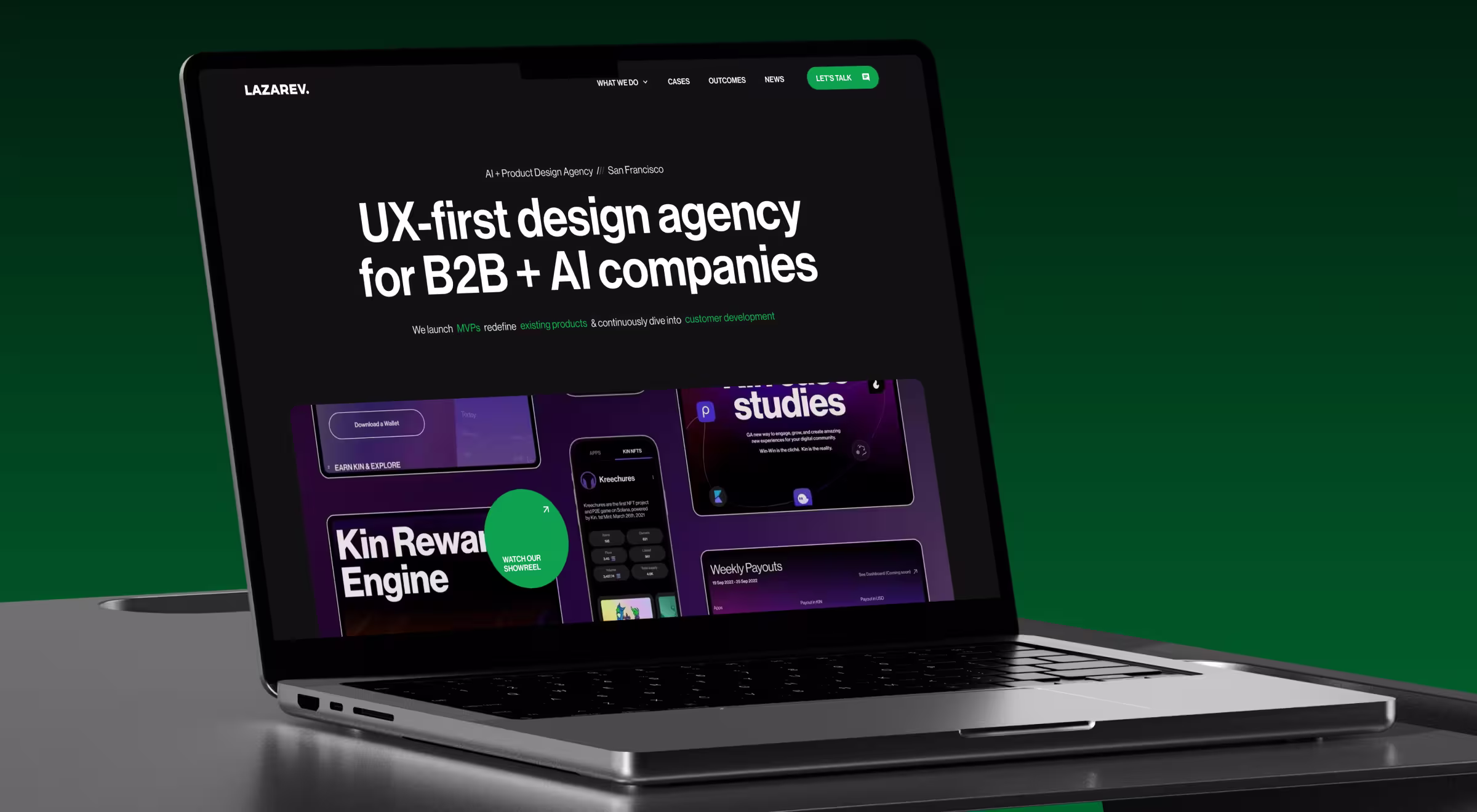 Laptop on a desk displaying Lazarev.agency website with headline about UX-first design for B2B and AI companies against a green background