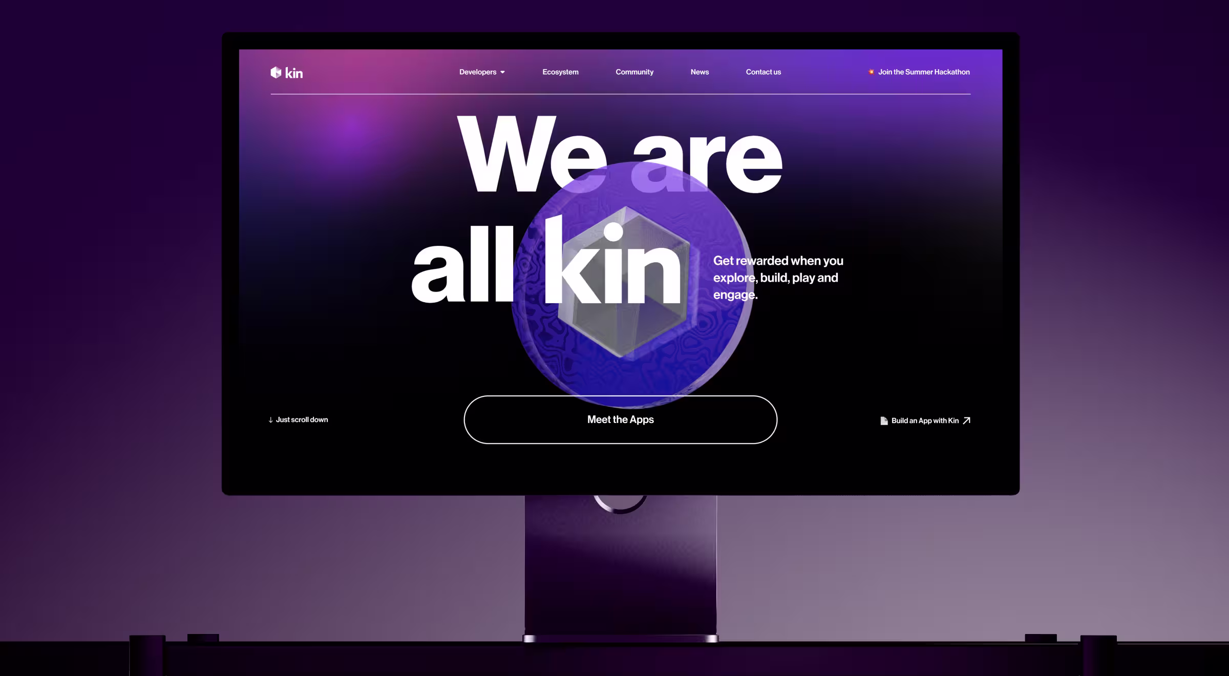 Desktop monitor displaying Kin website homepage with purple gradient background and large “We are all kin” headline