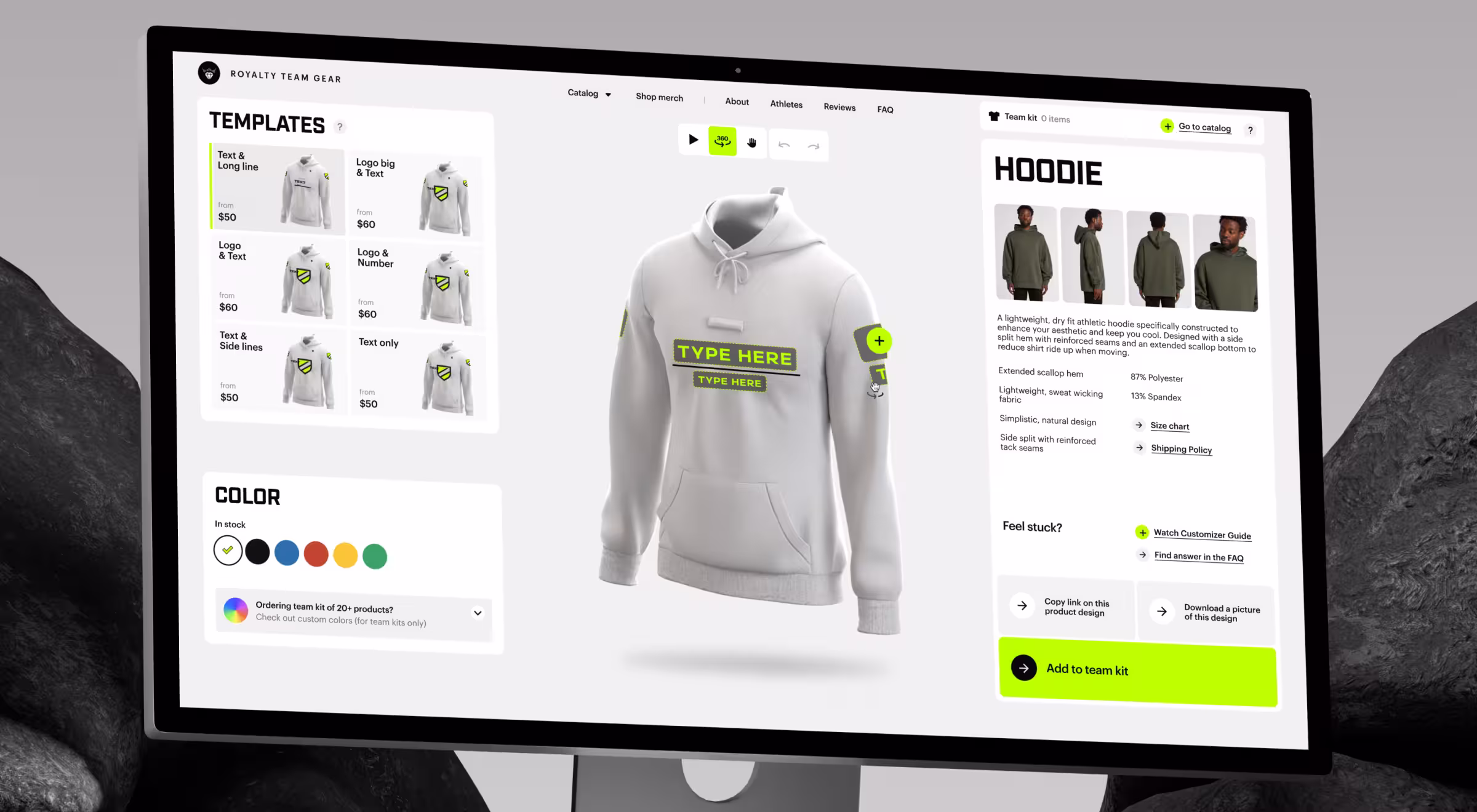 Product customization interface with interactive apparel design and ecommerce UI
