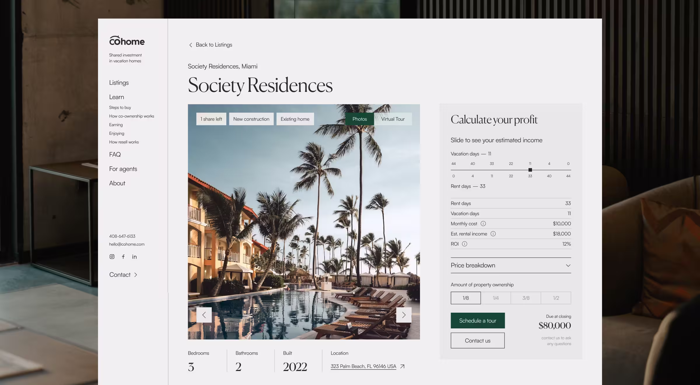 Real estate investment platform UI with property listing and ROI calculator
