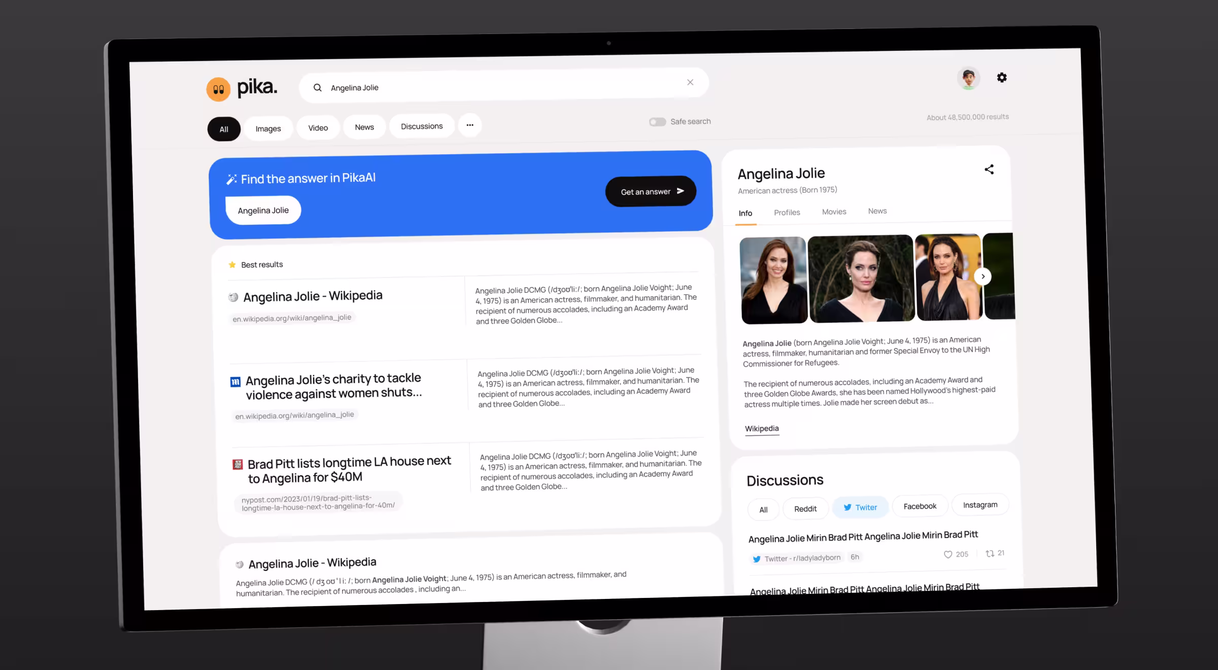 Desktop displaying an AI-powered search platform with conversational answers, search results, knowledge panels, and discussion-driven discovery tools.