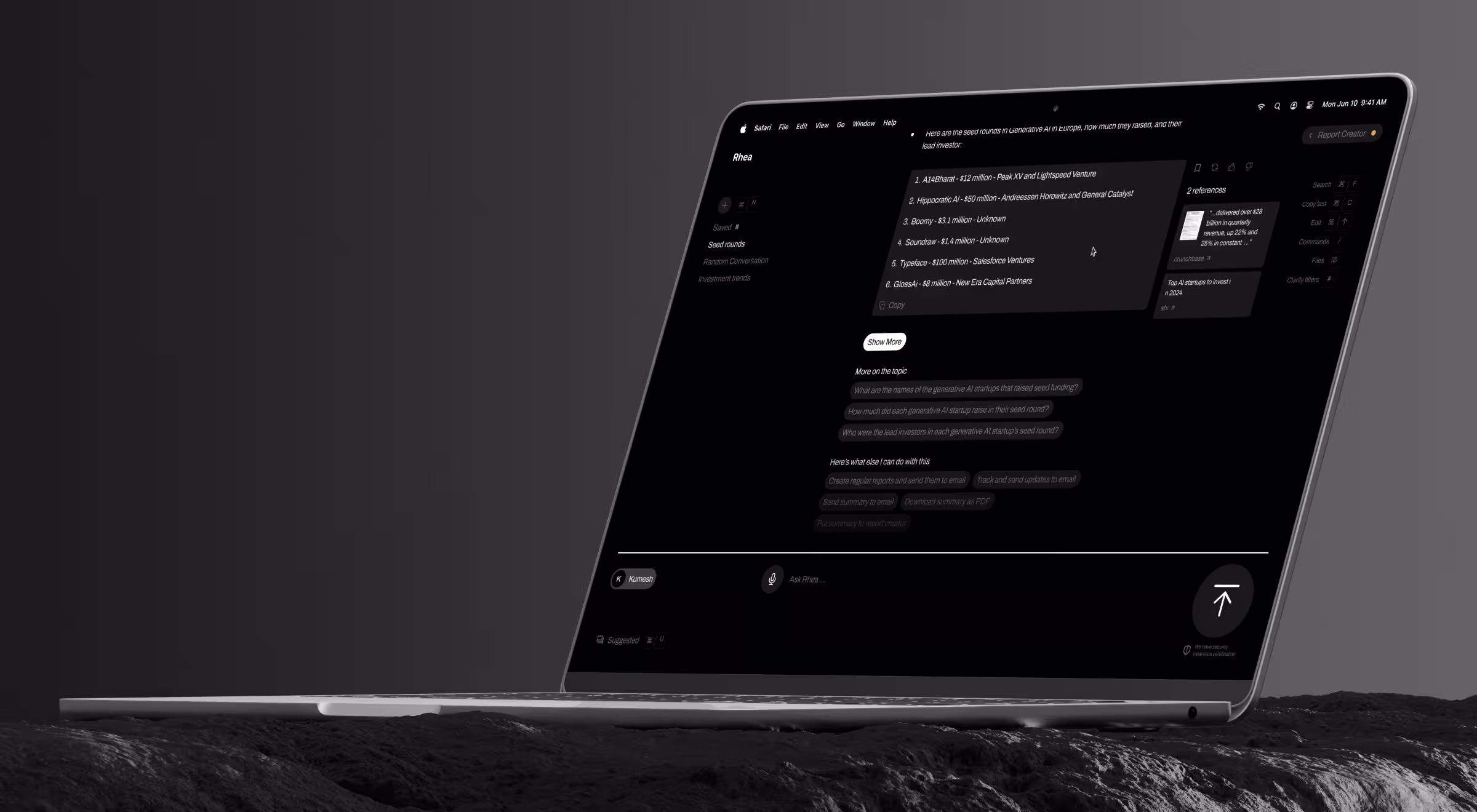 Laptop displaying an AI-powered research platform with conversational analysis, investment insights, and report generation tools in a dark interface.