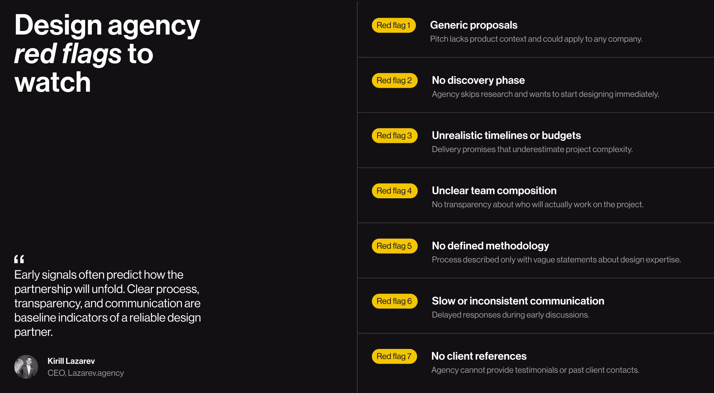 Checklist of common design agency red flags, highlighting risks such as generic proposals, unclear processes, and weak communication.
