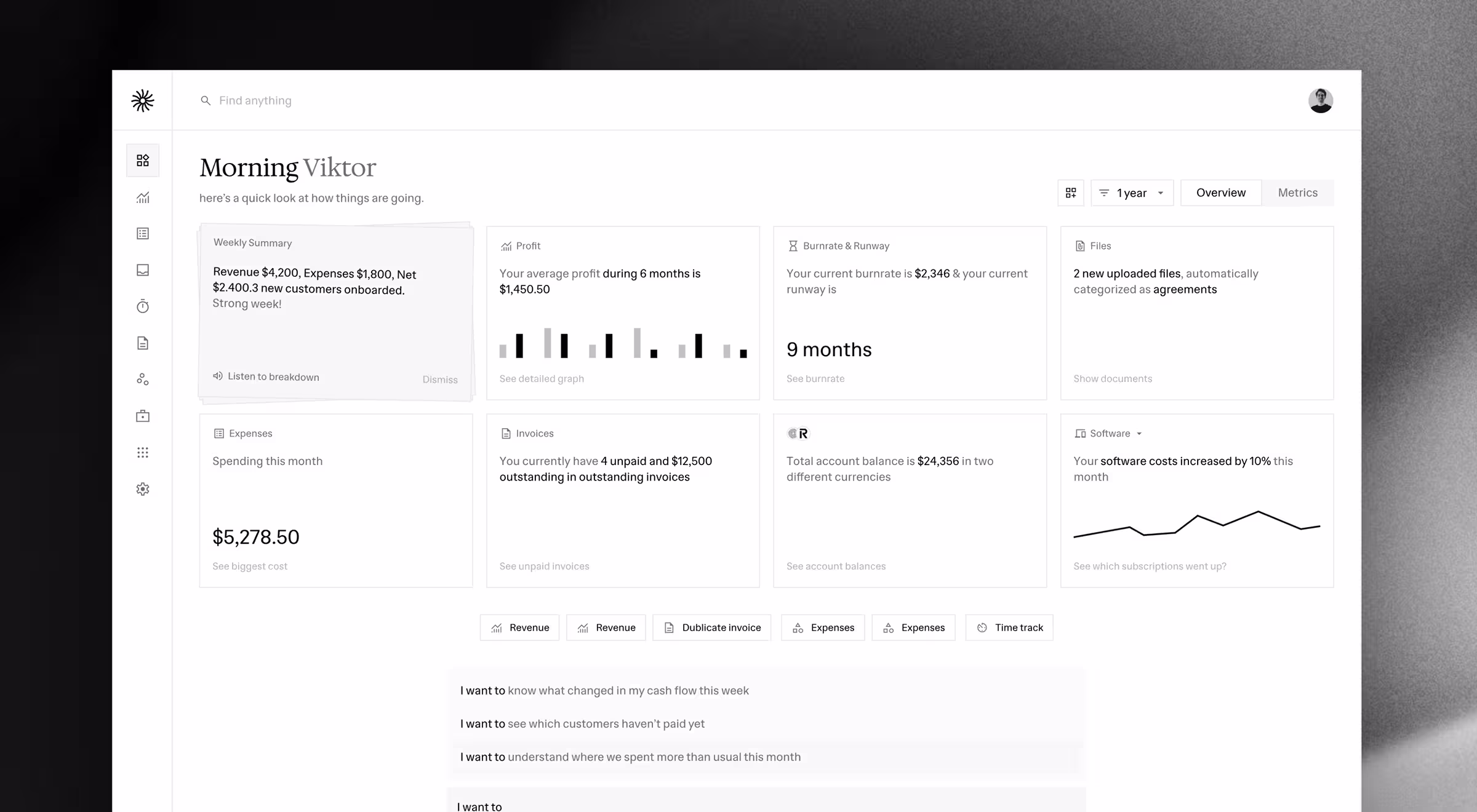 AI-powered executive dashboard combining financial summaries, operational metrics, document insights, and conversational prompts into a unified business overview.