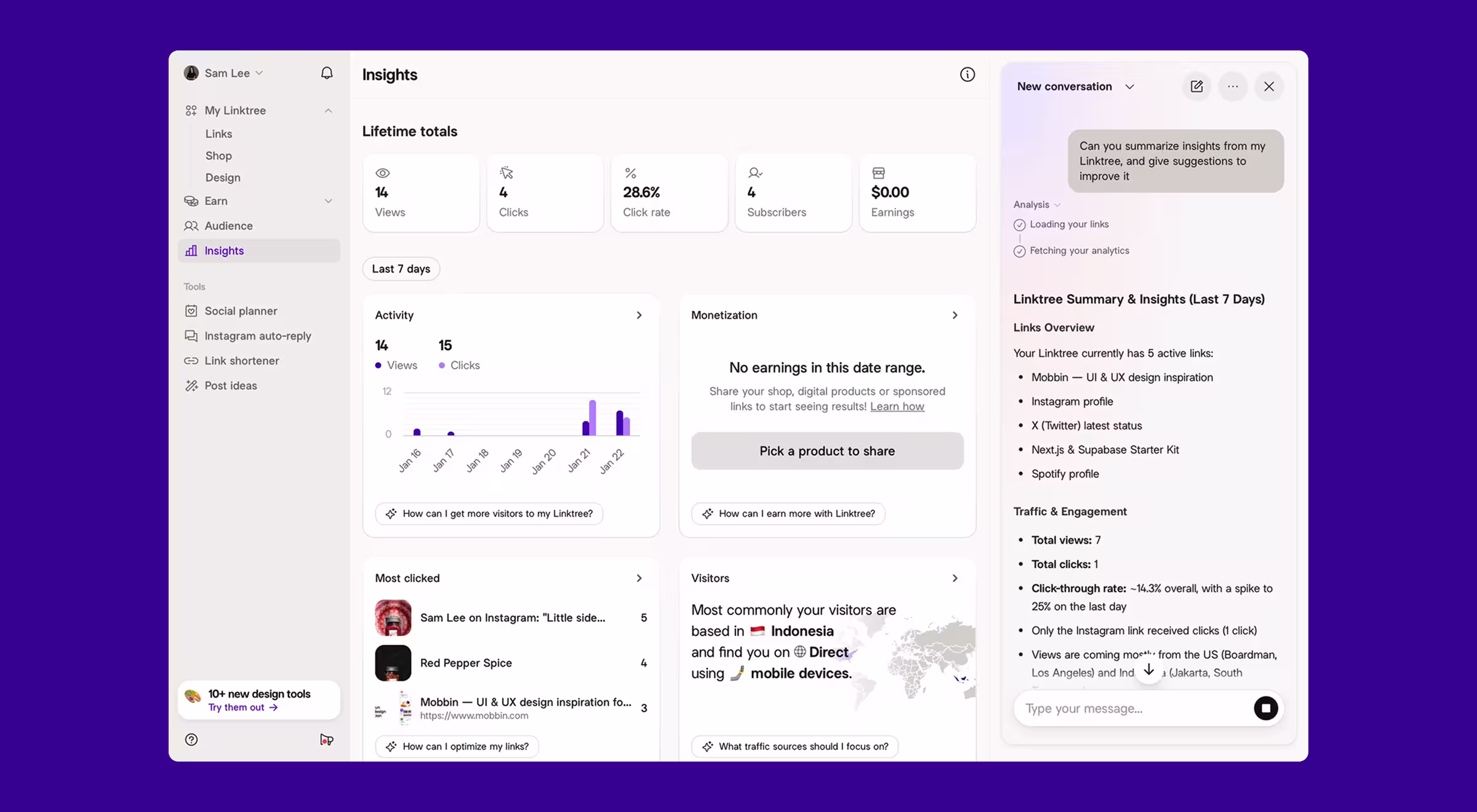 Analytics dashboard with an AI assistant that summarizes engagement metrics, audience insights, and actionable recommendations for improving digital performance.