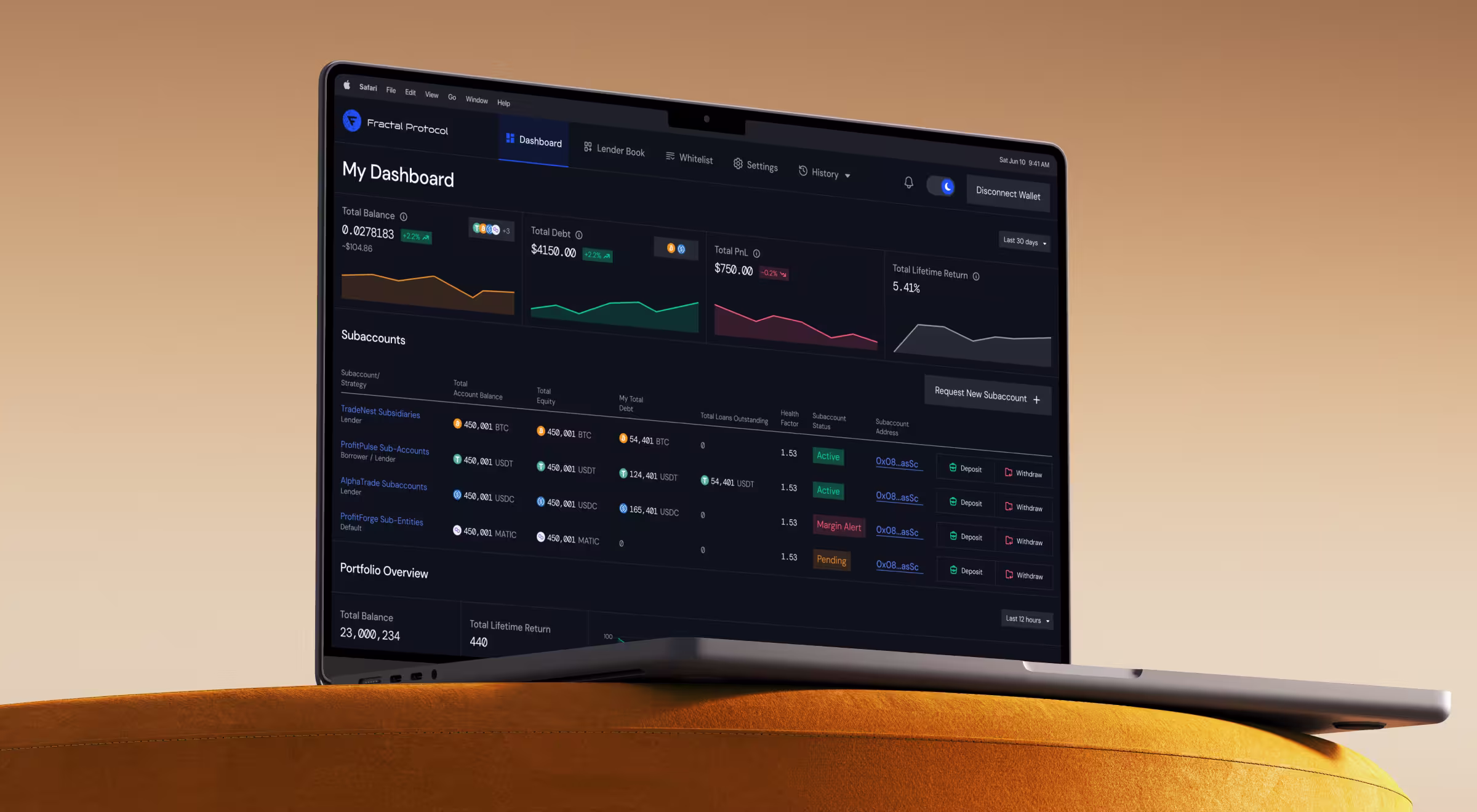 Cryptocurrency portfolio management dashboard visualizing balances, trading performance, portfolio metrics, and digital asset activity across multiple blockchain accounts.
