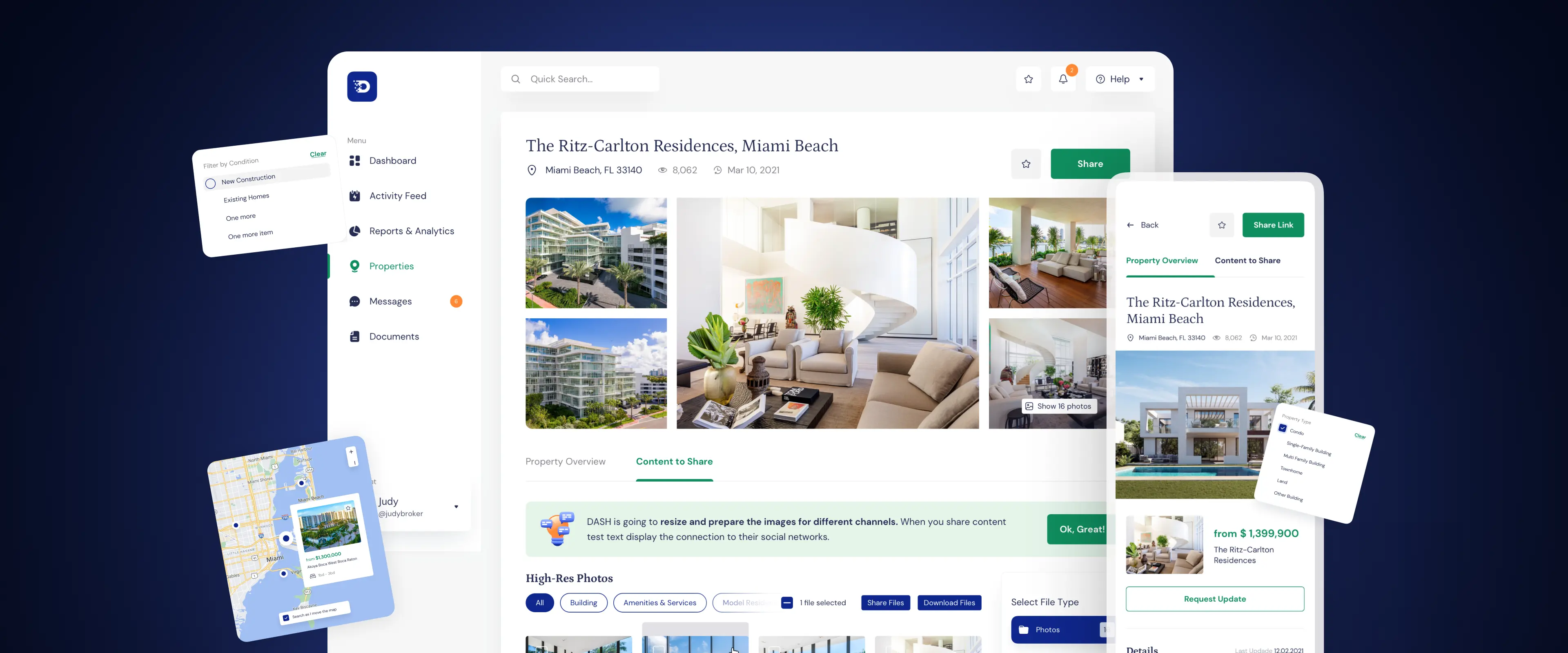 Real estate listing platform showing property details and cards.