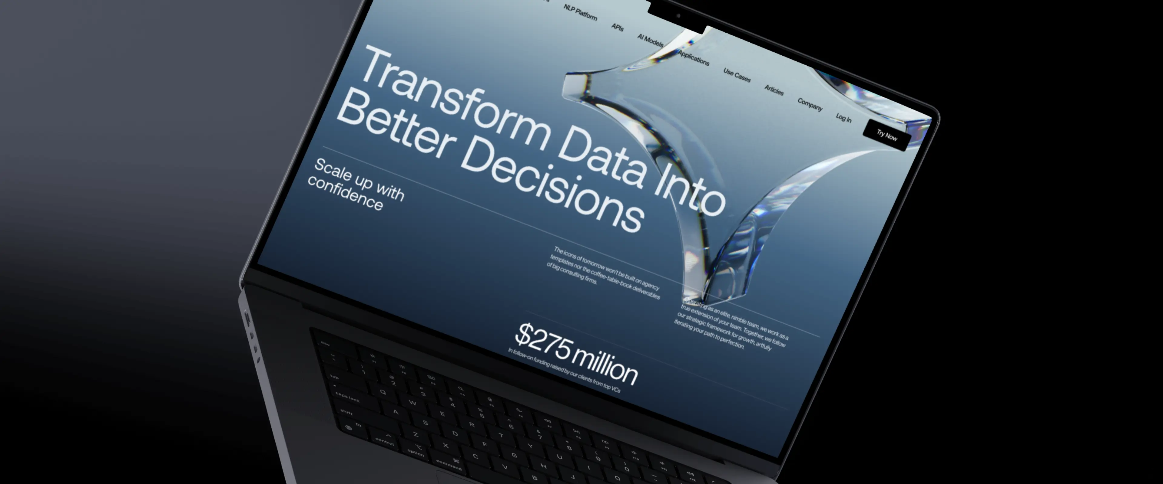 "Transform Data Into Better Decisions" website on a laptop.