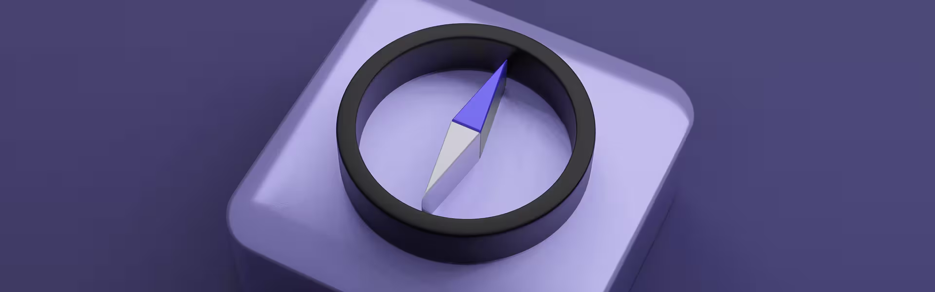 Minimalist three-dimensional compass icon rendered in soft purple tones.
