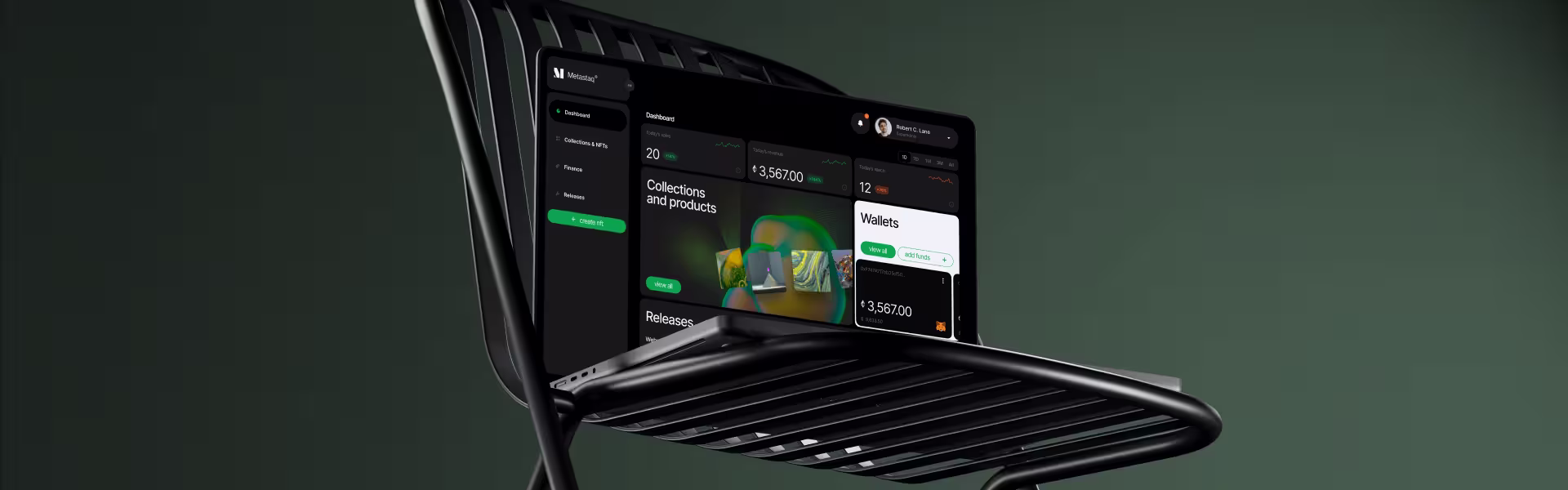 Dark-themed desktop dashboard for an NFT and digital assets platform.