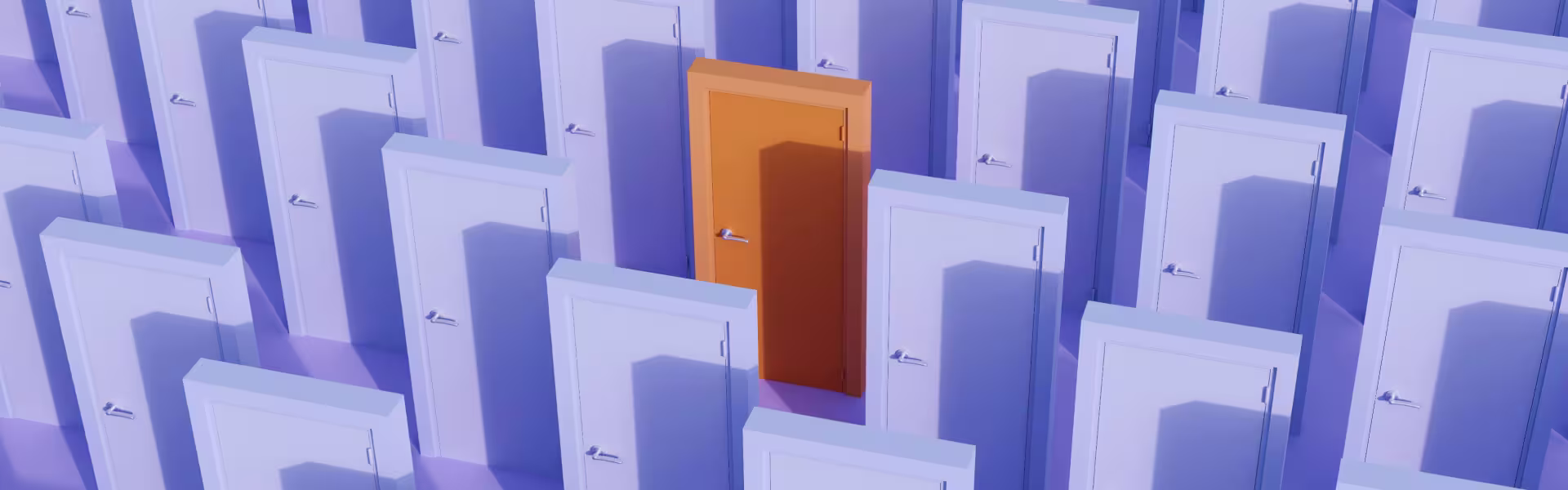 Conceptual 3D illustration showing one highlighted orange door among many identical white doors, symbolizing differentiation, choice, and strategic decision-making in digital product and UX design