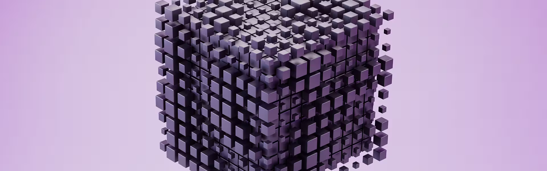 Abstract 3D cube formed from clustered smaller cubes on a soft purple background