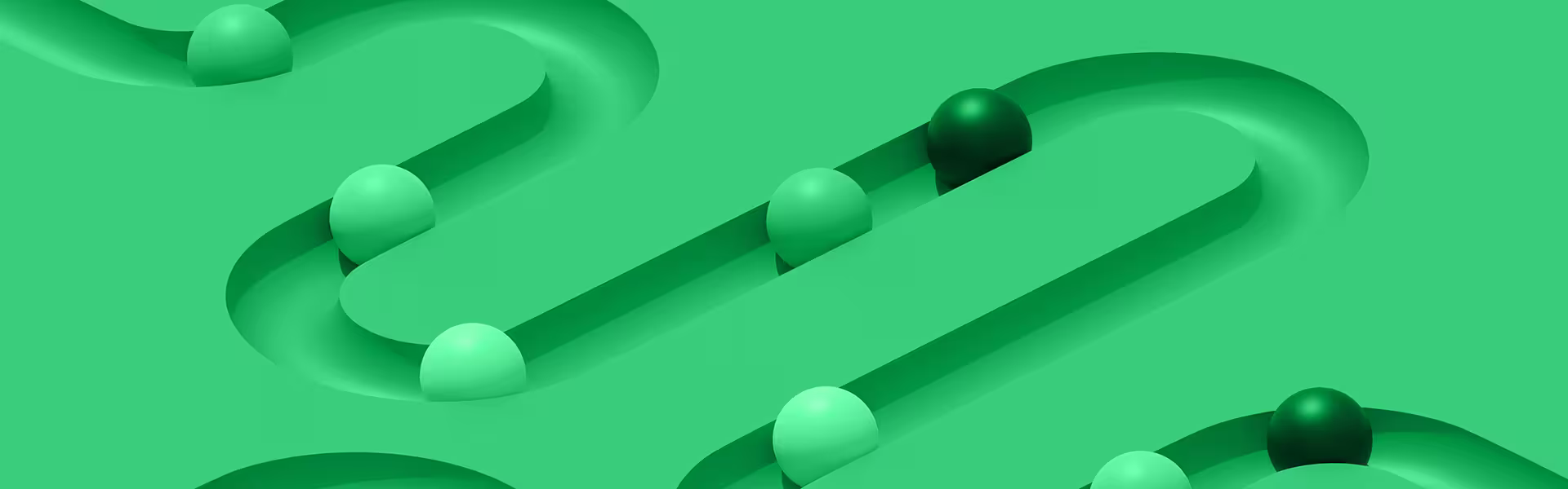 Abstract green 3D shapes forming flowing paths with spheres