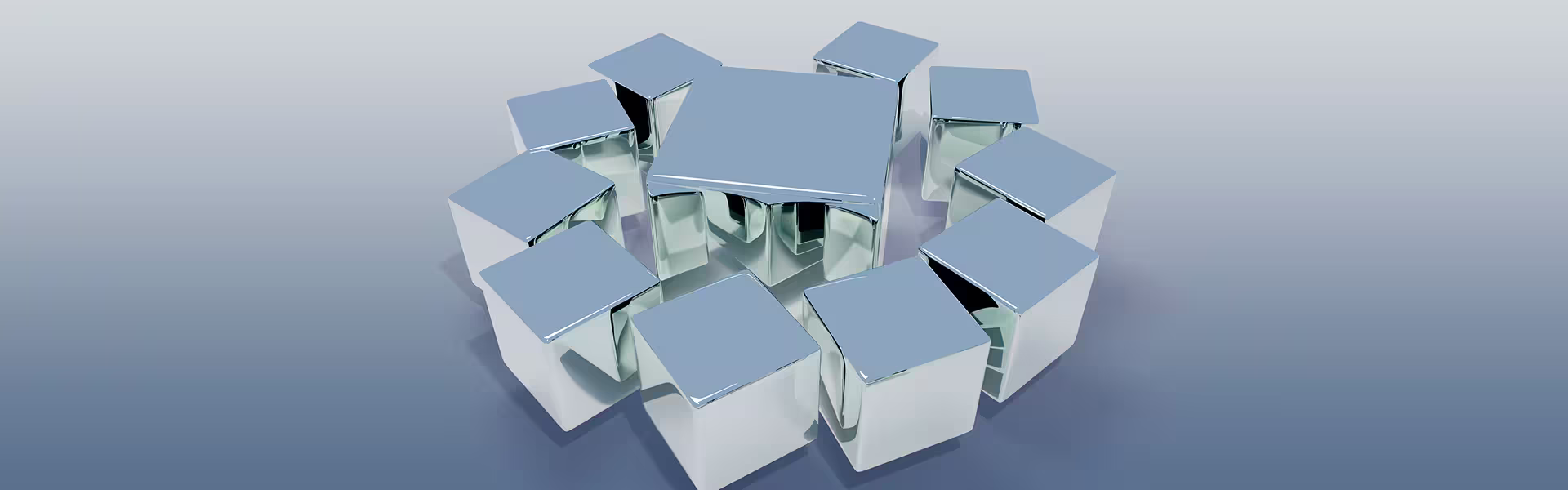 Abstract 3D composition of metallic cubes arranged in a circular pattern