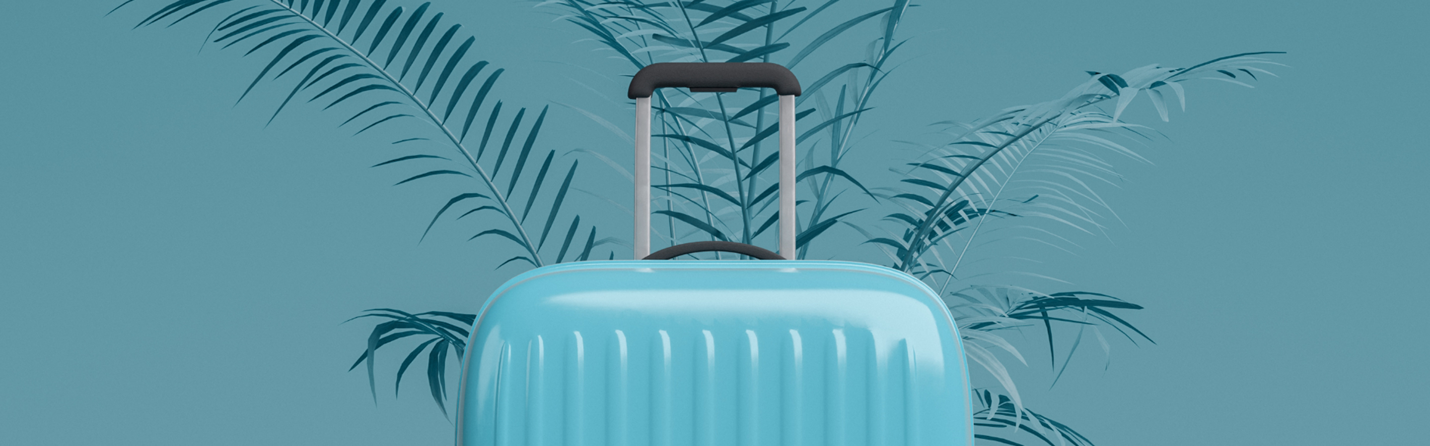 A turquoise suitcase with a retractable handle stands against a backdrop of palm leaves in a matching blue hue.
