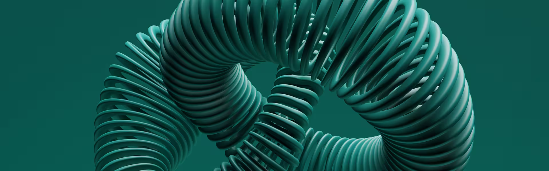 Abstract 3D teal spiral loops intertwined into a continuous torus-like form on a solid green background, symbolizing flow, continuity, and interconnected systems
