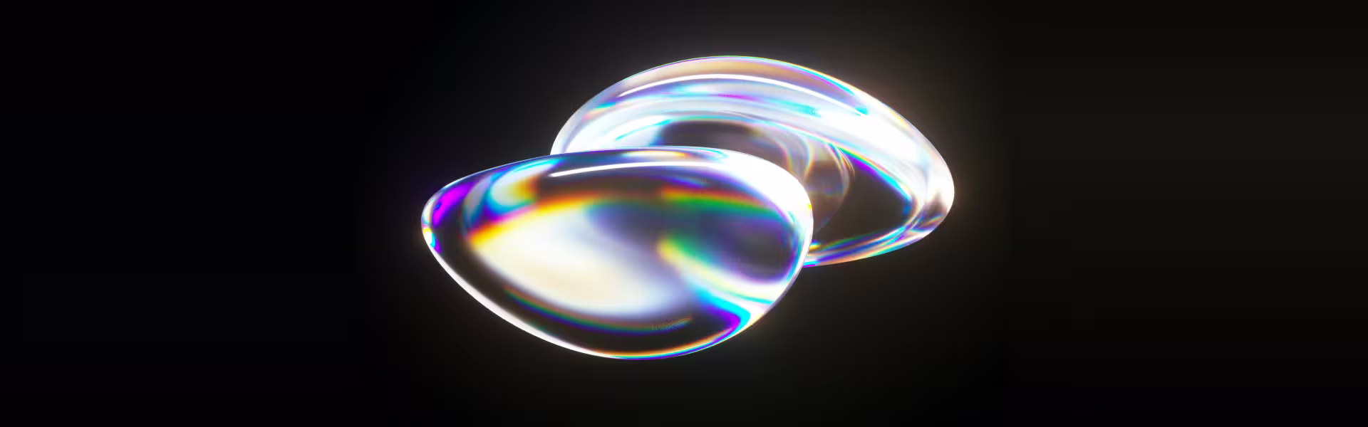 Abstract glass-like shapes with iridescent reflections on a dark background, representing modern digital product design aesthetics and experimental visual identity for AI and tech brands