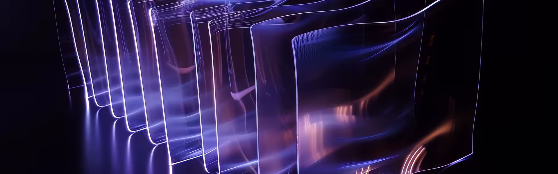 Abstract glowing layered panels forming a flowing digital interface in purple and blue light
