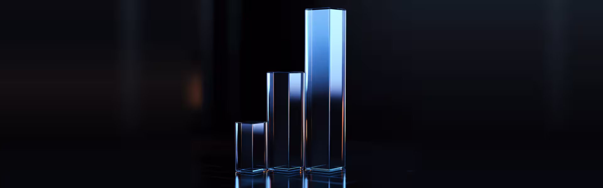 Transparent glass bar chart with ascending columns on a dark background, representing data growth, performance metrics, and analytics-driven decision making in digital product design