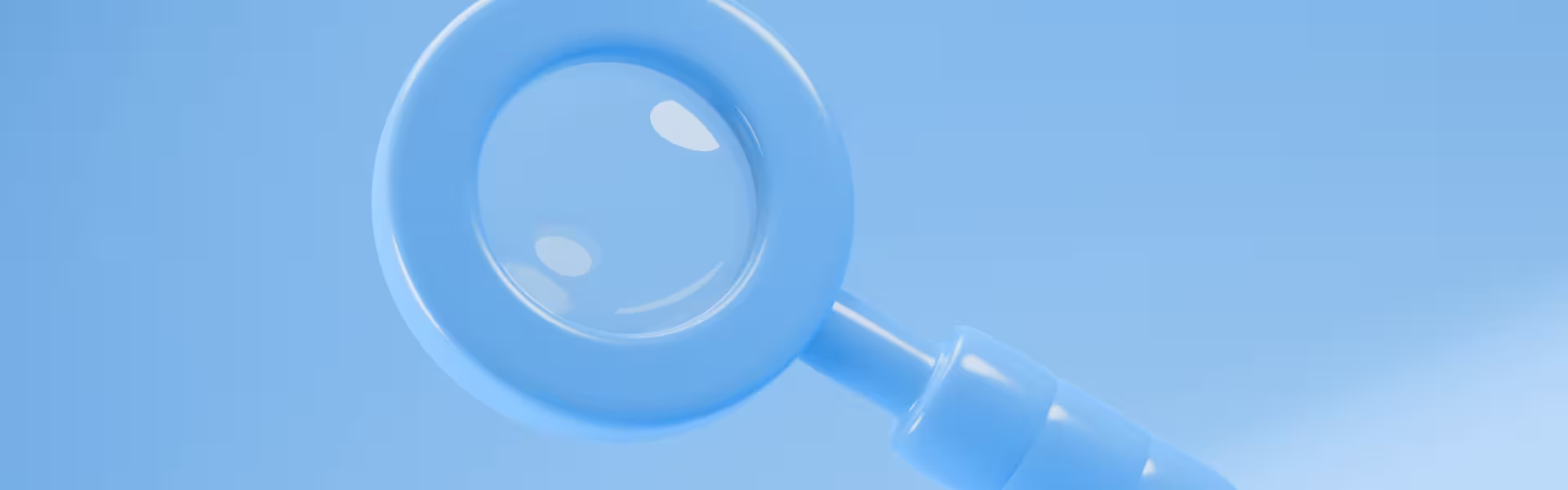 Abstract 3D illustration of a glossy blue magnifying glass on a soft blue background, symbolizing research, discovery, and strategic analysis.