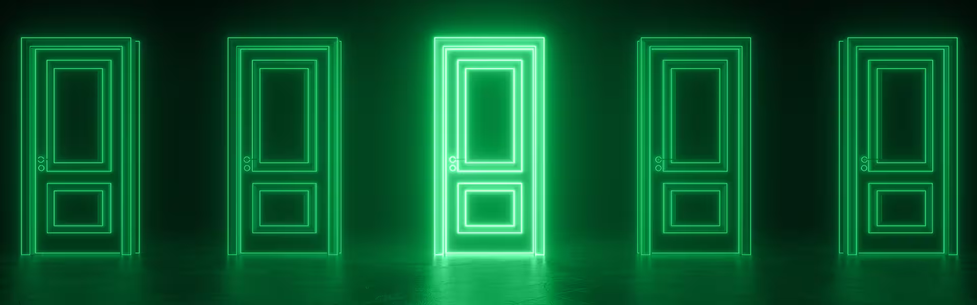 Row of five neon green doors in a dark room, with the center door glowing brighter than the others