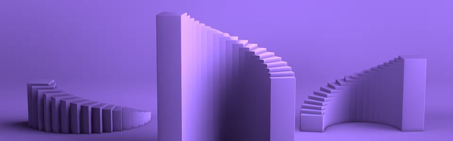 Abstract purple 3D composition of stepped geometric blocks forming curved architectural shapes on a gradient background