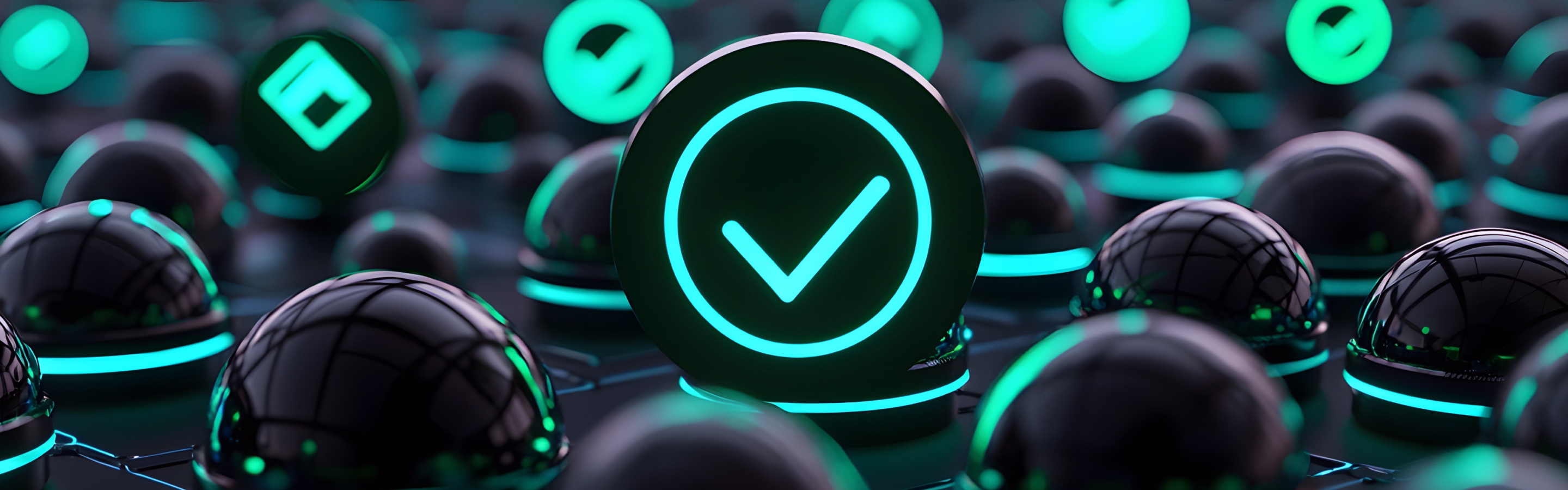 A cluster of glossy black spheres with glowing teal accents, featuring a prominent teal checkmark symbol in the foreground.
