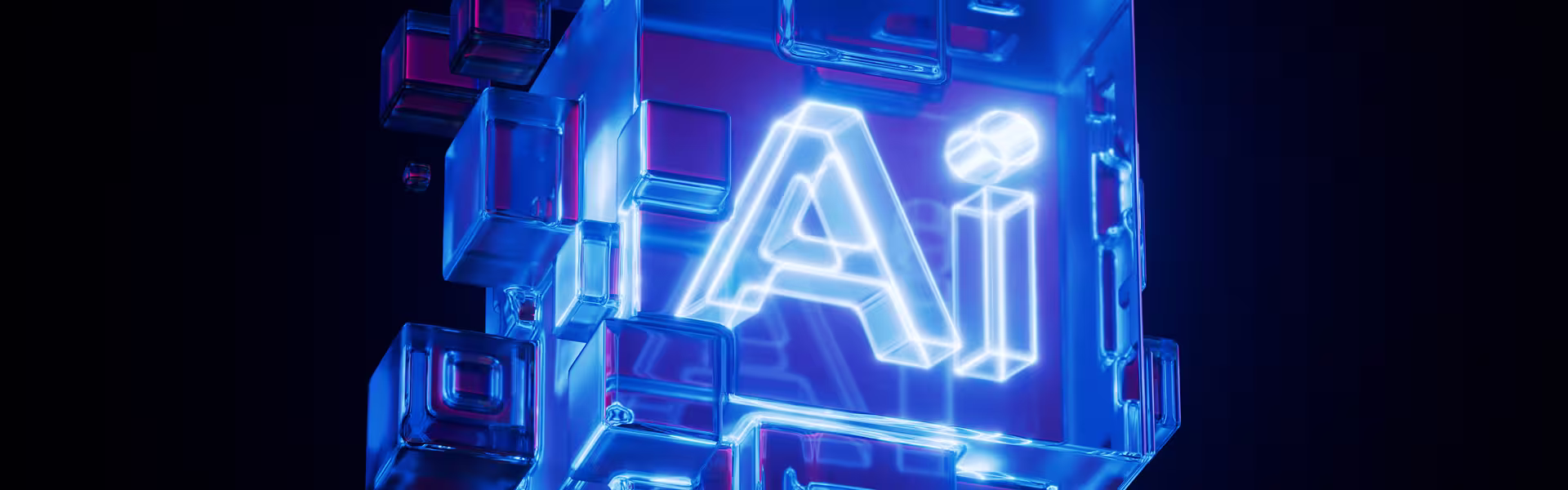 Futuristic 3D visual of artificial intelligence, featuring glowing “AI” typography embedded in translucent geometric structures, evoking advanced technology and digital systems