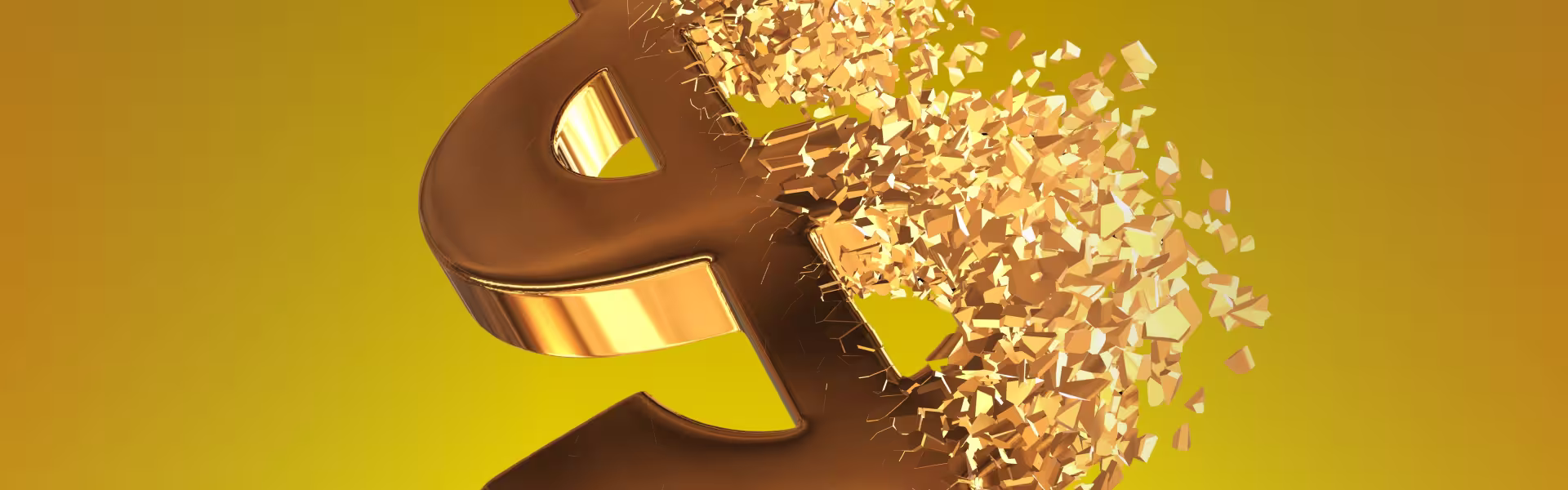 3D visual of a golden pound symbol disintegrating into fragments, representing financial disruption, volatility, or systemic breakdown in currency systems