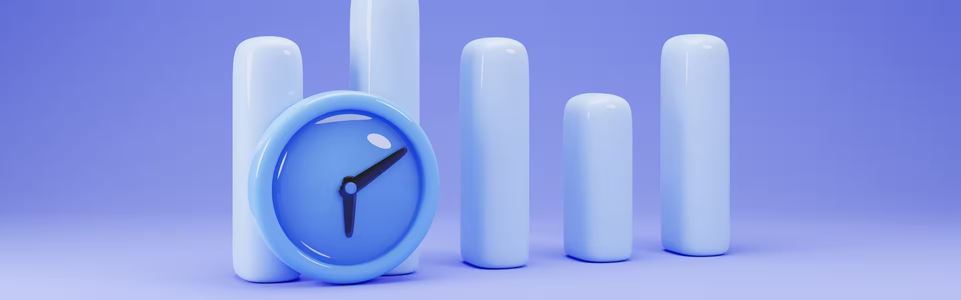 Abstract 3D composition of glossy blue rounded pillars with a floating clock icon, representing analytics, time management, and business performance tracking.