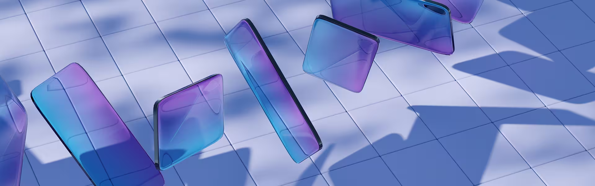 Abstract 3D illustration of glossy blue geometric structures and floating layered blocks representing proactive digital systems, analytics, and scalable product infrastructure.