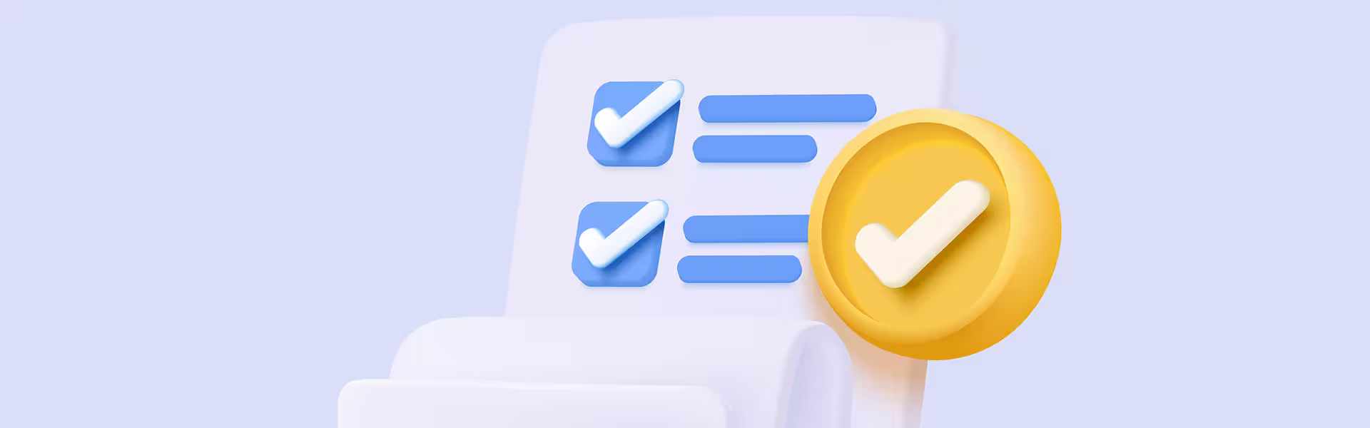 3D illustration of a checklist and verification icon on a soft blue background, symbolizing evaluation, approval, and decision-making.