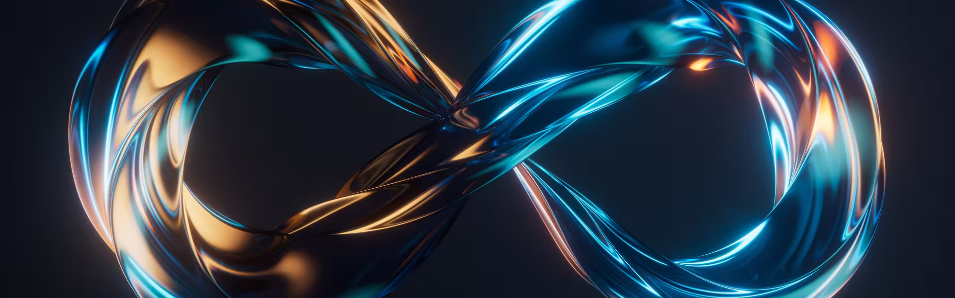 Abstract infinity symbol formed from flowing metallic glass-like ribbons illuminated with blue and amber reflections, representing continuous innovation, scalability, limitless potential, and interconnected systems in technology and AI.