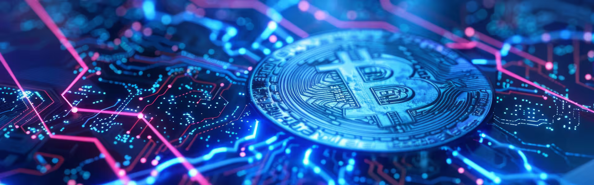 Bitcoin cryptocurrency coin placed on a futuristic digital network, illuminated by blue and pink circuit pathways that represent blockchain technology, decentralized finance, crypto transactions, and secure digital infrastructure.